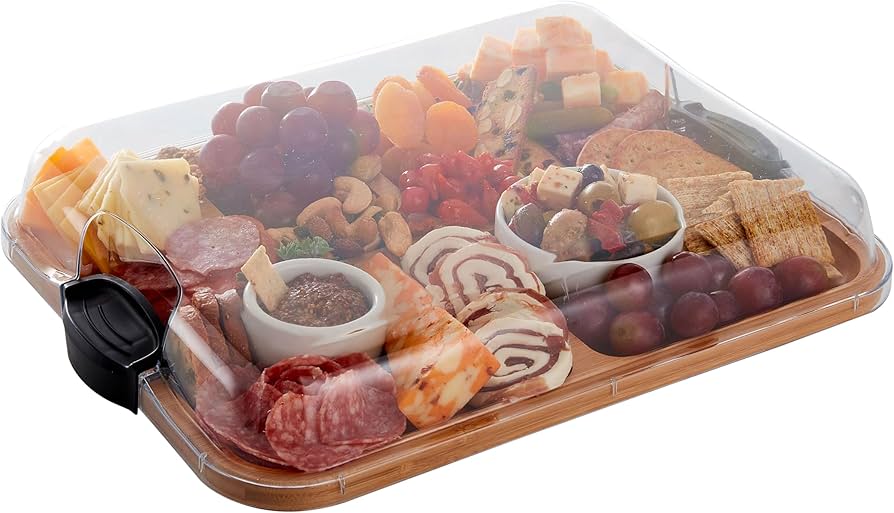 FARBERWARE Build-a-Board Cutting Board with Compartments and Clear Locking Lid for Charcuterie, Snacks, and More-Make it. Take it. Enjoy it, 11x14 Inch, Bamboo