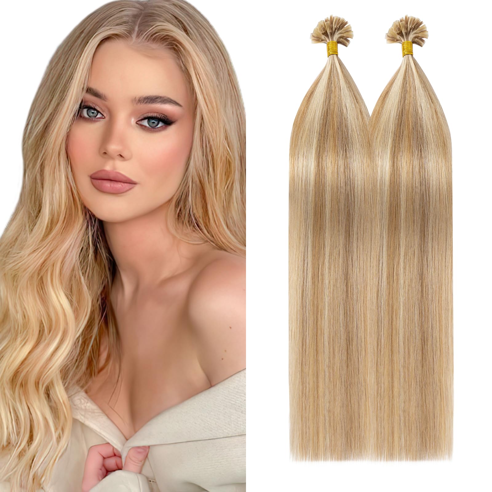 Silk-co U Tip Pre Bonded Hair Extensions Strands Keratin Nail Tip Straight Human Hair Extensions U tip Real Remy Hair 100 Strands Keratin Nail Til 22"-100g #12P613 Golden Brown&Bleach Blonde