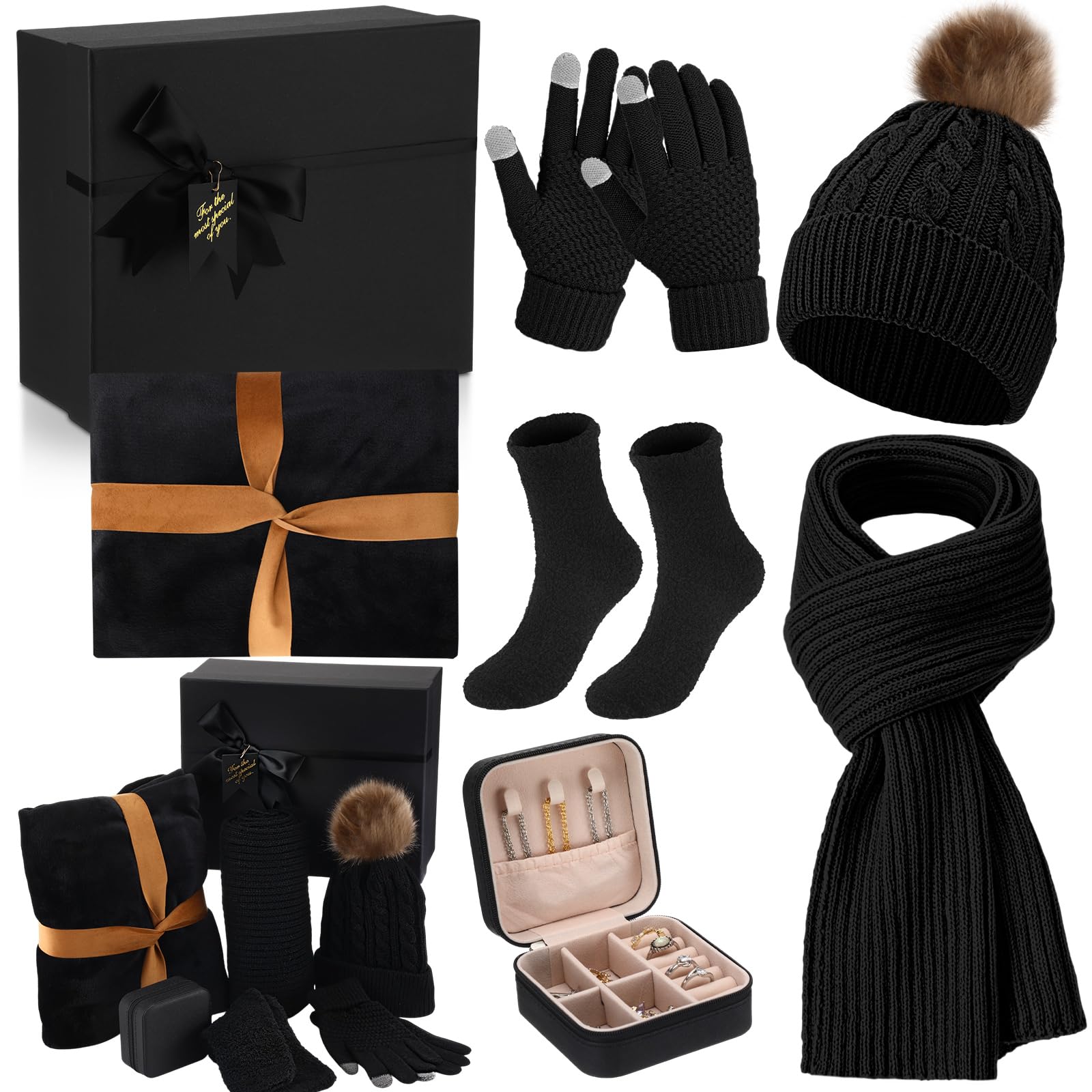 7 Pcs Winter Gift Set for Woman Hat Scarf Gloves Set Throw Blanket Crew Socks Jewelry Box for Xmas Mom Wife Friend-image-43