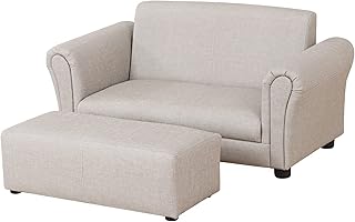 DGBAOBEI Kids Sofa Couch with Ottoman/PVC Leather Toddler Couch Chair with Plastic Legs/Upholstered Children Armchair for Kids Under 4 Years Old/Double Seat with Stool (Light Grey)
