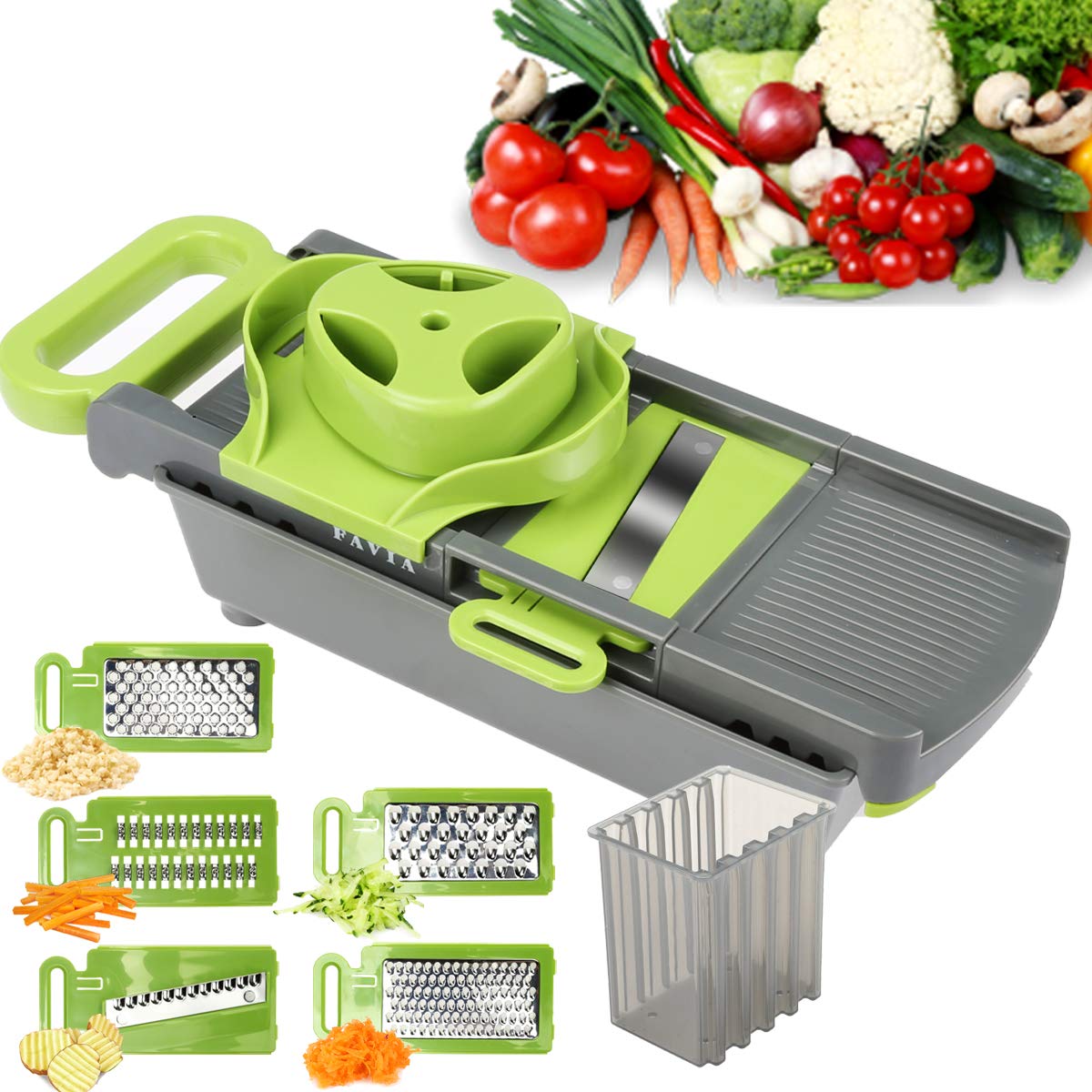 FAVIAMandoline Slicer for Kitchen 6-in-1 Vegetable Slicer with Container Onion Potato Slicer French Fry Cutter