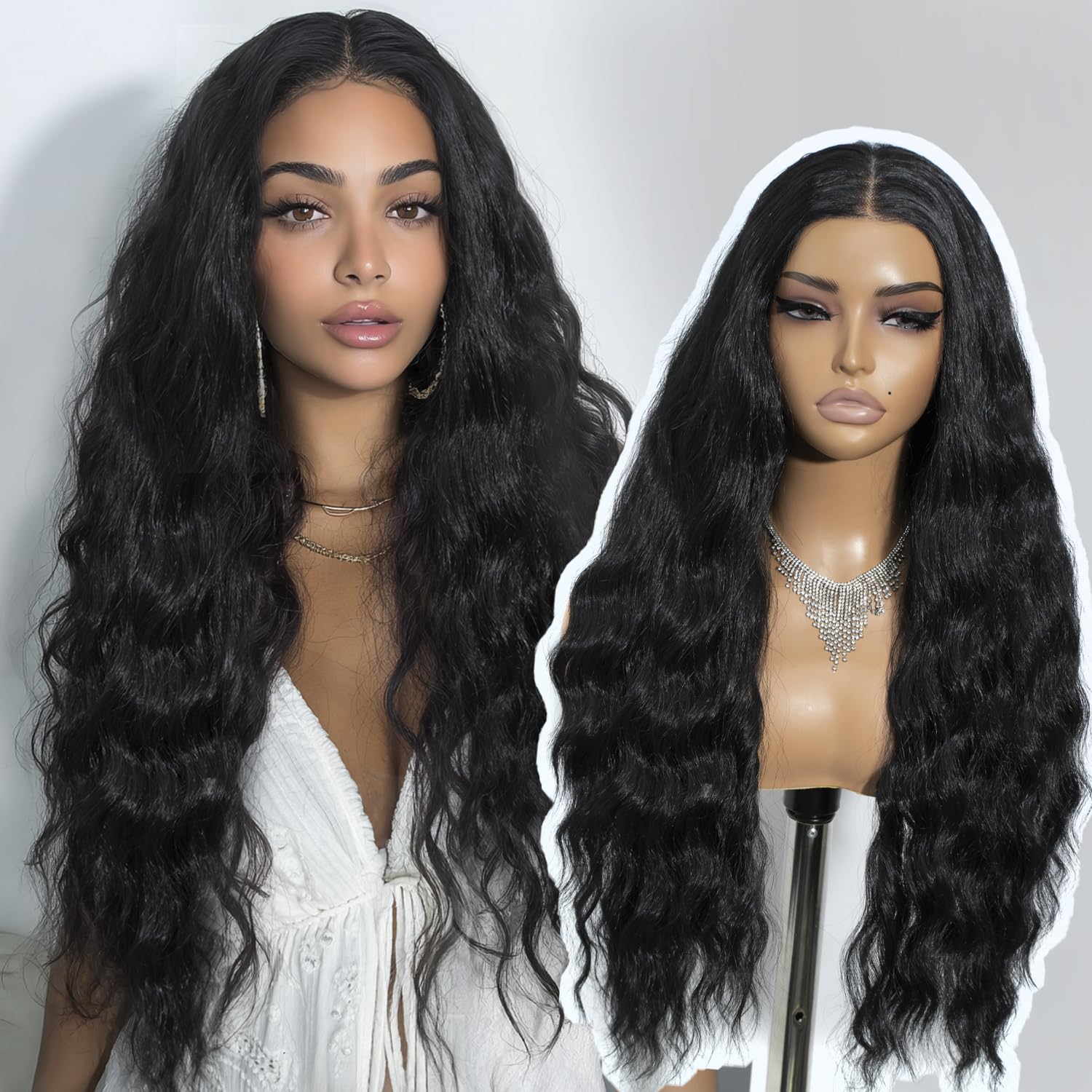 Joedir 28" Long Wavy 13x4 Glueless HD Lacefrontal Wigs Pre Plucked Natural Hairline High Temperature Synthetic Front Wigs For Women(Black Color) 1B