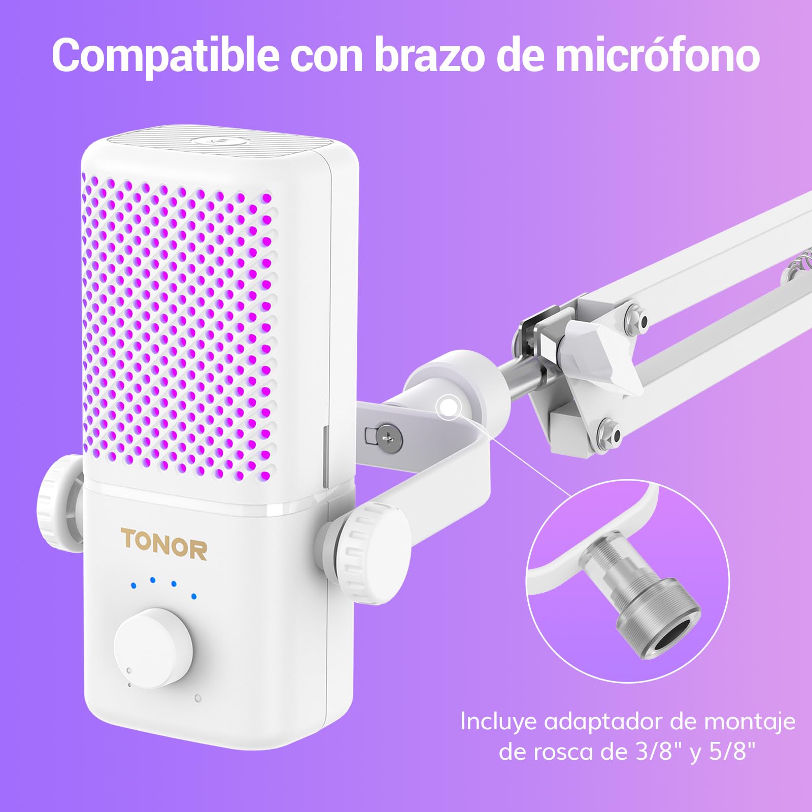 TONOR Micrófono para Juegos Compatible con Xbox, Micrófono Condensador RGB con Vida útil de la Batería 30h, Control de Ganancia, Micrófono de Escritorio con Botón Silencio, Blanco, 200cm,TCX3