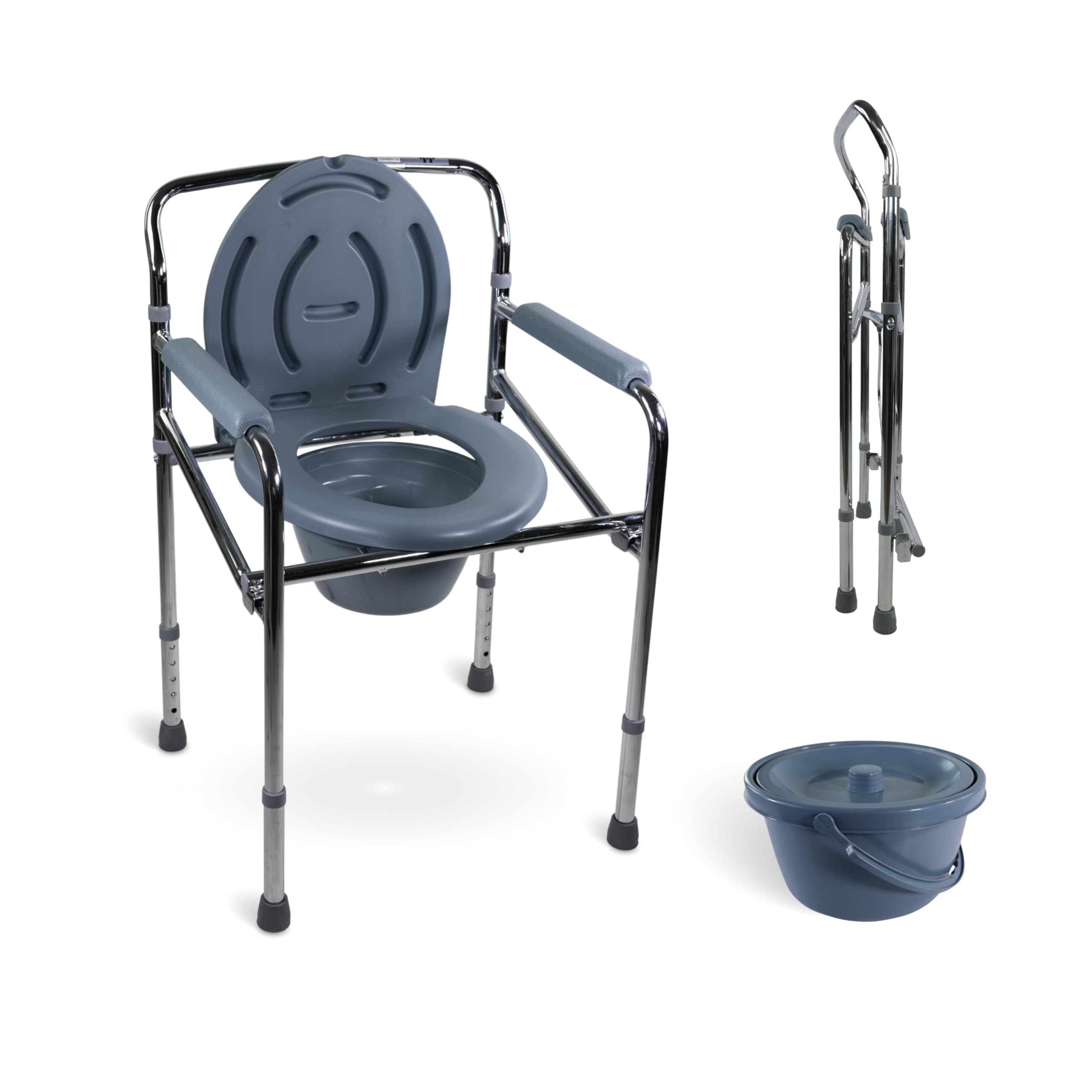 Mobiclinic®, Chaise percée, Pot, Acier, Réglable en hauteur, Puente, Toilette avec couvercle, Accoudoirs rembourrés, Pieds antidérapants, Máx. 100 Kg, Gris