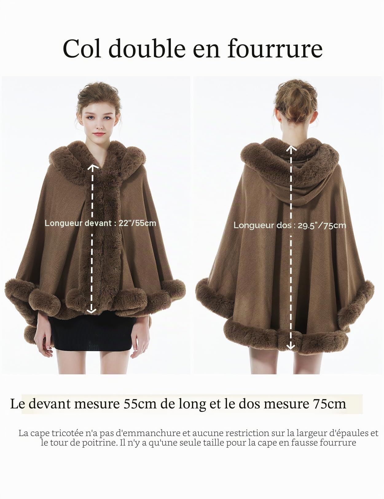 BEAUTELICATE Poncho Fourrure Châle Étole Cape à Capuche Tricoté Manteau avec Col de Fourrure Pour Femme Automne Hiver Mariage Soirée Gala S99