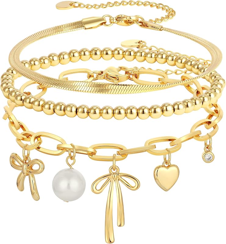 3PCS Charm Gold Bracelets for Women Non Tarnish,14k Plated Gold Bracelet Stack Cute Dainty Stackable Trendy Bow Cross Clover Bracelets Set Tarnish Free Gold Jewelry for Women Gifts