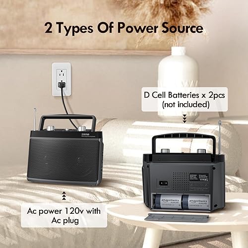 Miniatura 6 de AM FM Radio portátil enchufable de pared o batería para el hogar y al aire libre, fuerte recepción y sonido estéreo, fácil de usar, conector de Negro