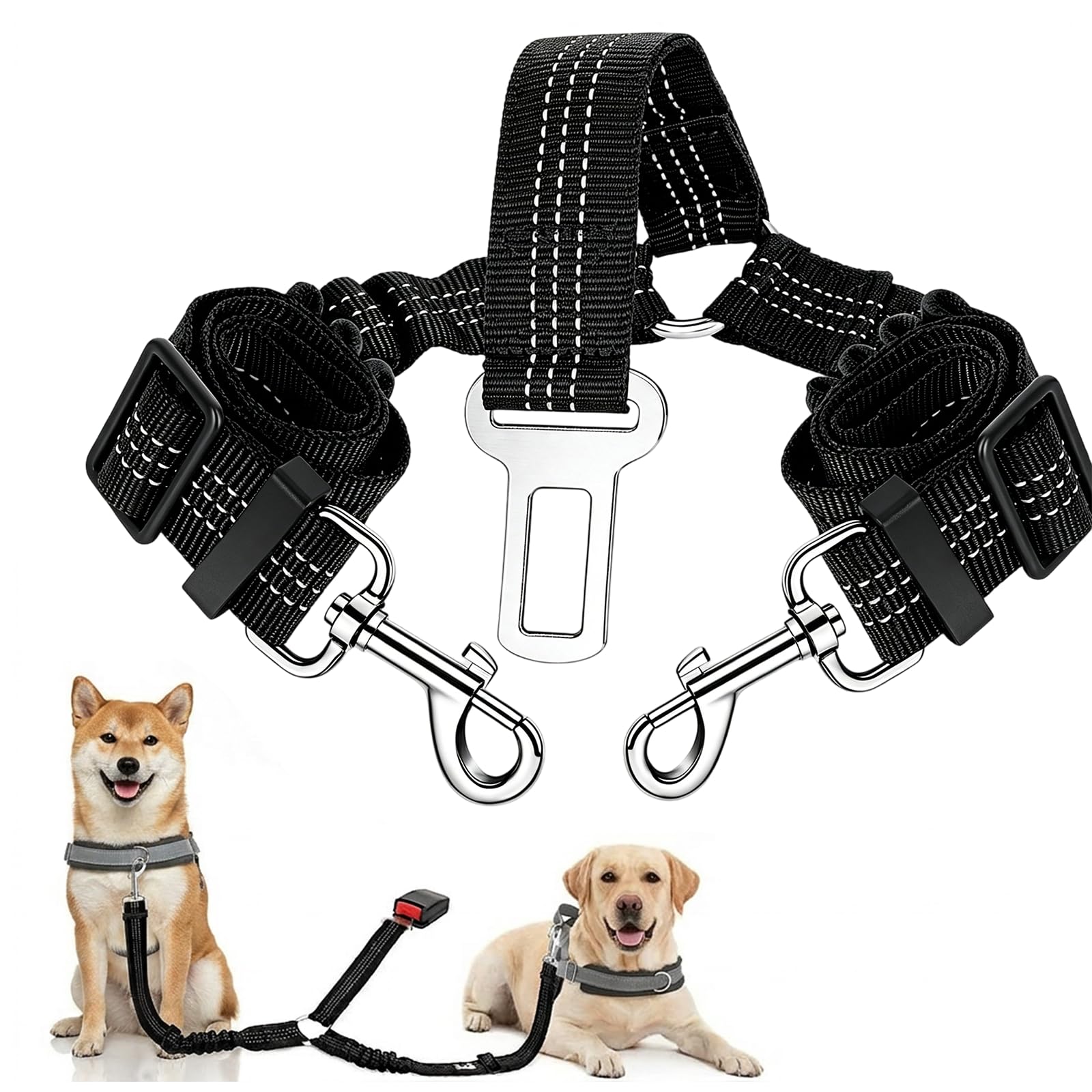 Dog Car Seat Belt, Adjustable Double Dog Seat Belt with Elastic Bungee Buffer, Nylon Dog Car Harness Reflective No Tangle Y Shape, Dog Safety Belt for Car, Belt Splitter for Pets Car Trip