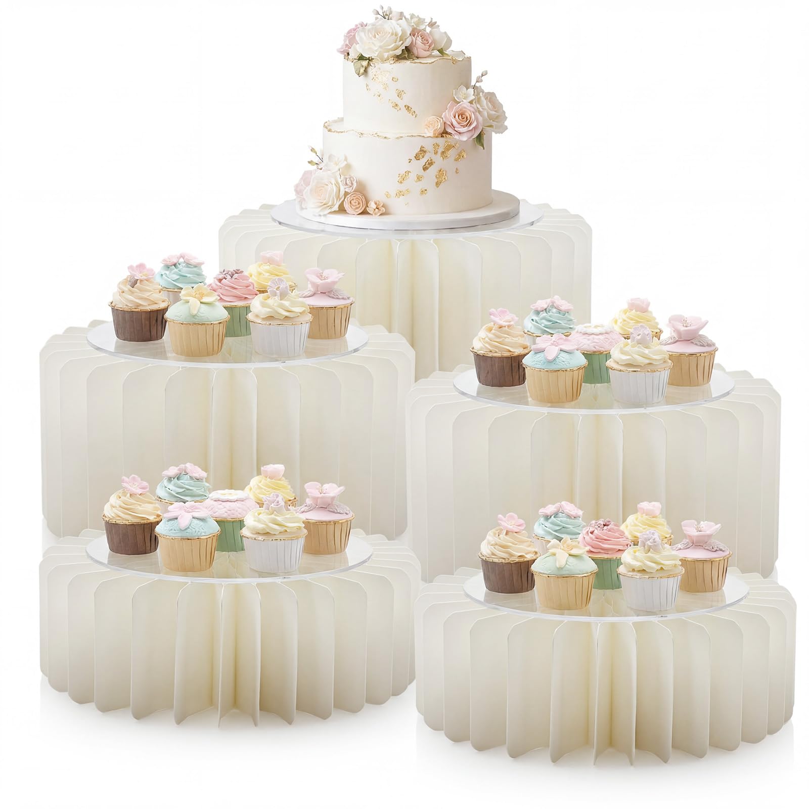 Yuragim 5 soportes plegables para postres, soporte de exhibición multietapa de acrílico y cartón, para mesa de postre, dulces, bodas, cumpleaños, fiestas, decoración apilable, reutilizable