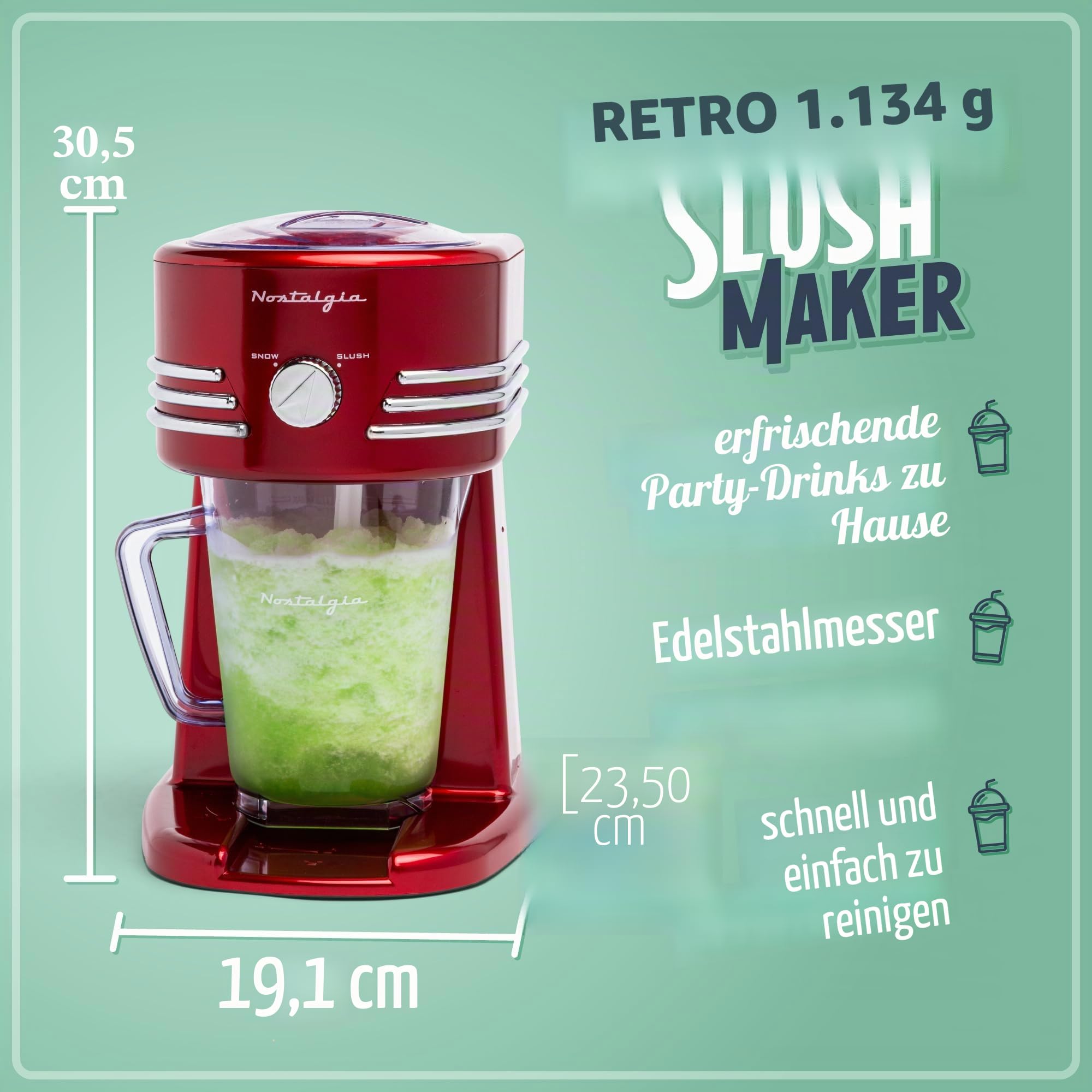 Nostalgia 1,2-Liter Gefrorene Getränkestation - Optimal für Slush-Drinks, Schneekegel, Margaritas, Daiquiris, Edelstahlklingen, Kabelaufbewahrung, Retro Rot