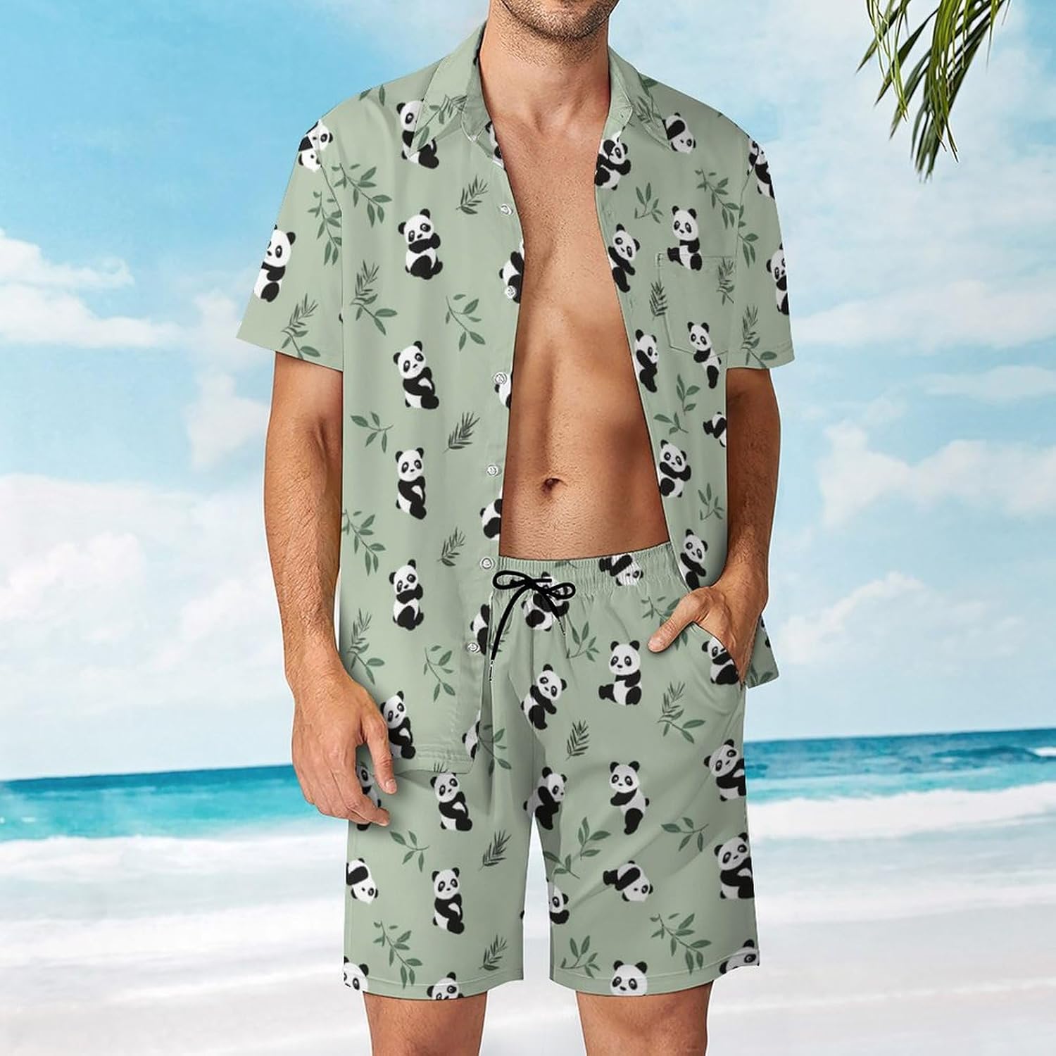 Cute Pandas Men's Summer Beach Outfits Shirt And Shorts Set 2 Piece Vacation Swimwear
