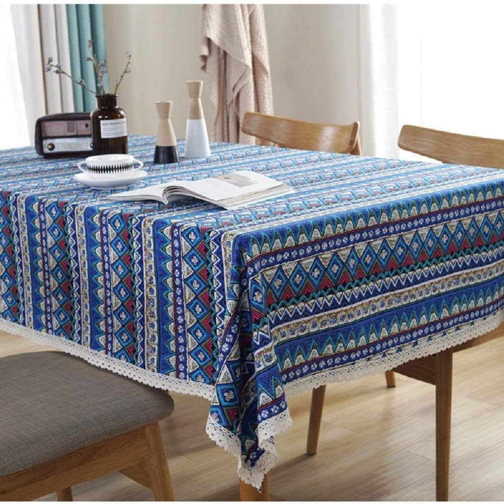 Exclusive Discount 70% Price  NATURETY Washable Cotton Linen Boho Style Tablecloth,Table Cover for Kitchen Dinning Tabletop Decoration (Boho Blue, 55x79 Inch)