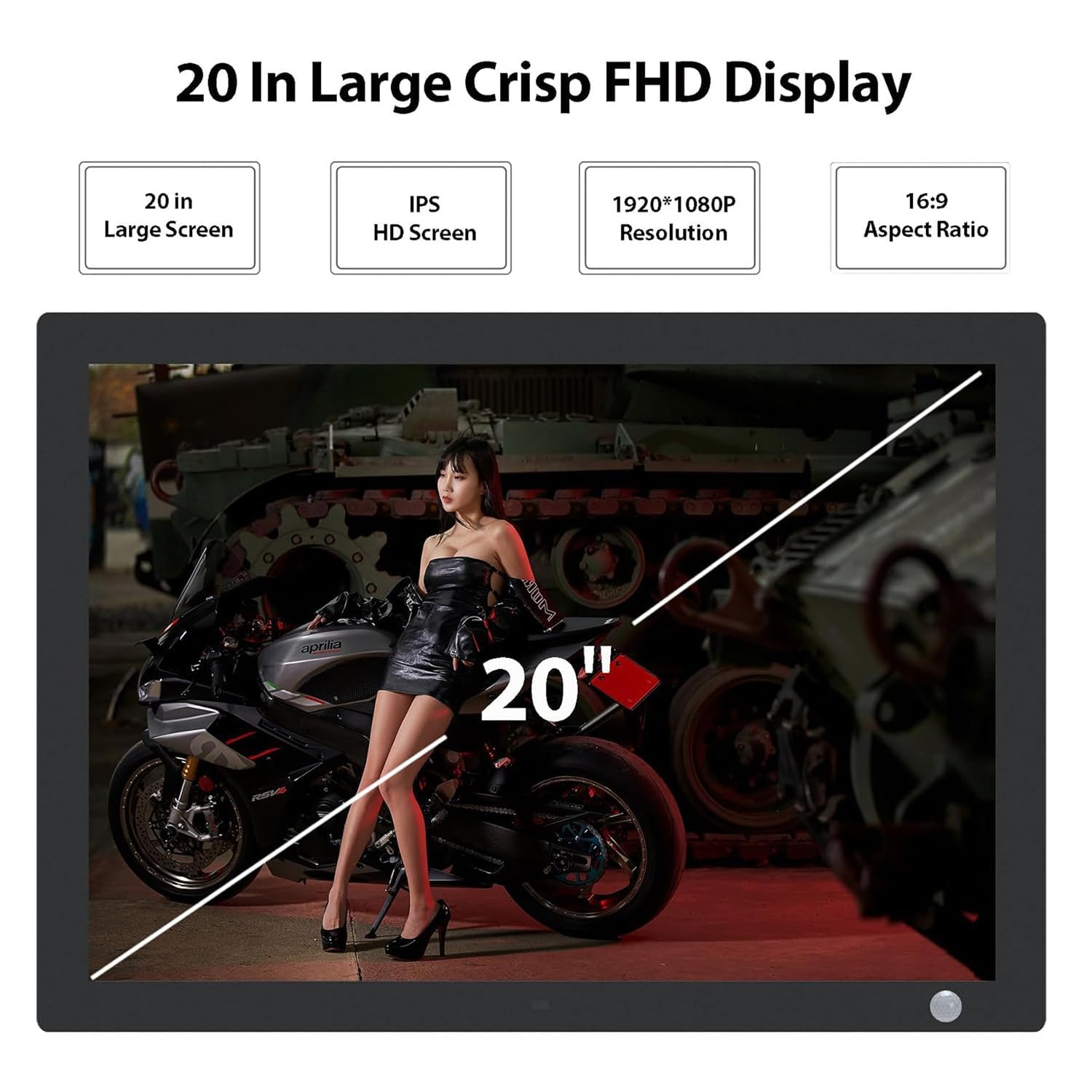 Cornice fotografica digitale da 20 pollici, schermo IPS HD 1980 x 1080, USB, supporto SD e MMC, video musica, calendario sveglia e presentazione