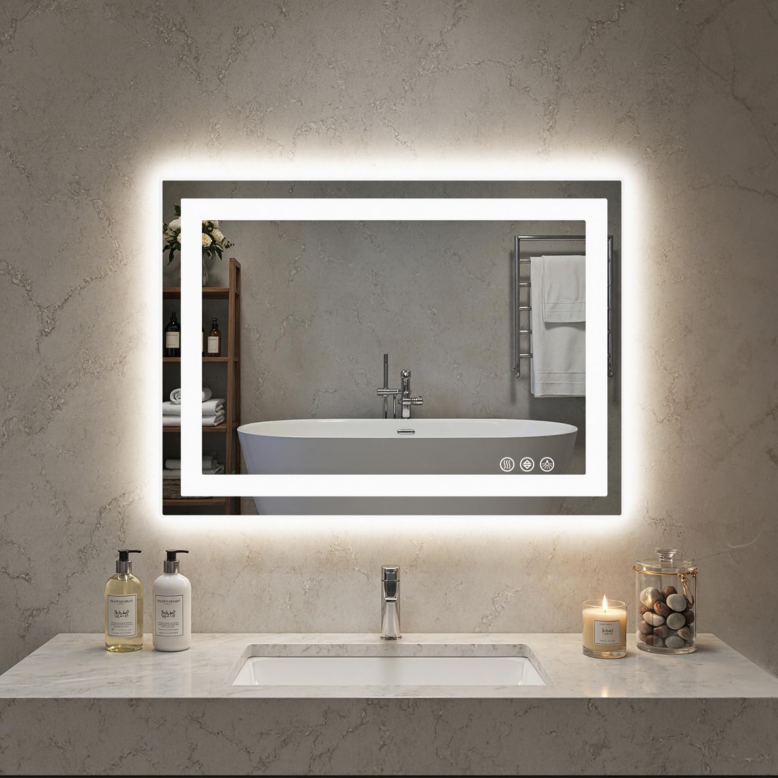 NEWBULIG Espejo de baño inteligente LED antivaho con luz frontal y retroiluminado, 3 modos de color, regulable, función de memoria, espejo rectangular moderno montado en la pared, blanco, 20 x 28