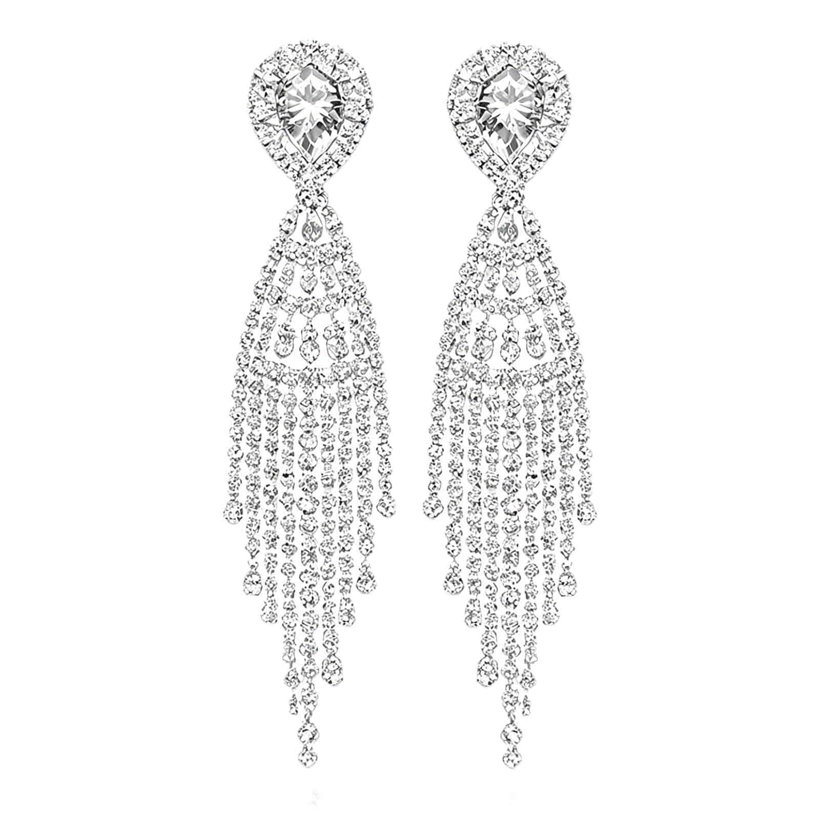 Rhinestone Earrings Dangling for Women Sparkly Silver Dangle Earrings Girls Long Chandelier Earrings Tassel Lightweight Ear Studs Cubic Zirconia (KE001S-W)