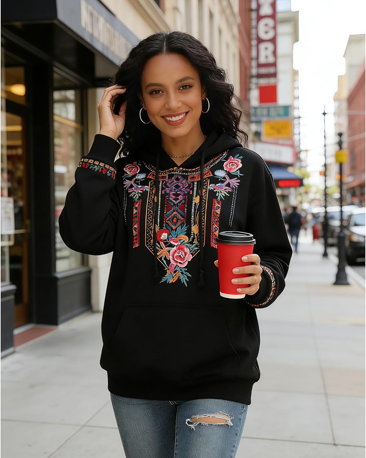 Higustar Embroided Hoodies for Women Mexican Cotton Sweatshirts Bohemian Casul Long Sleeve Fall With Pockets Hoodie - Image 4
