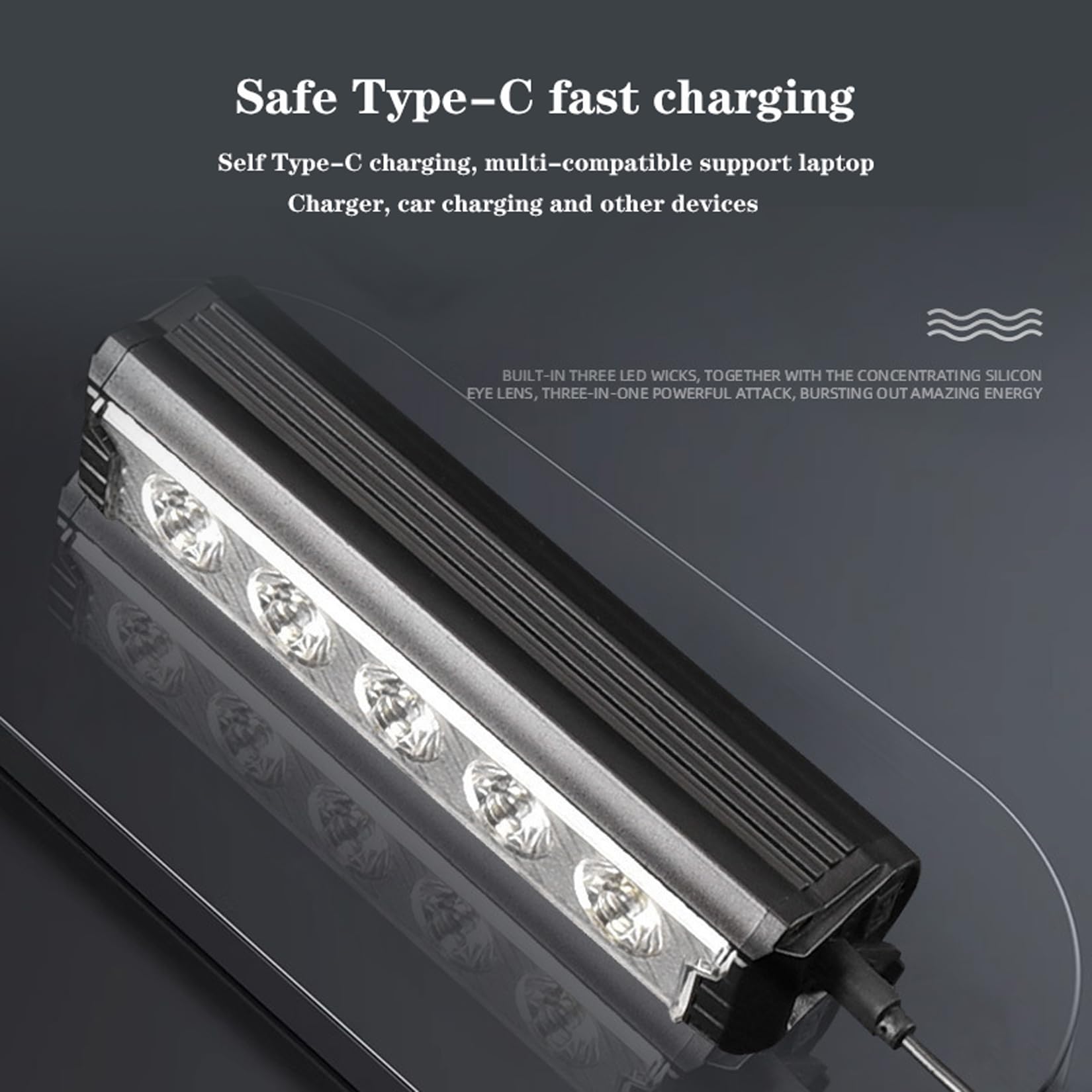 Lampe Frontale de vélo à Cinq Perles, Grand projecteur, réglage de la Vitesse d'éclairage à Cinq Vitesses, Chargeur USB, 15,5 * 4,2 * 4,2 cm