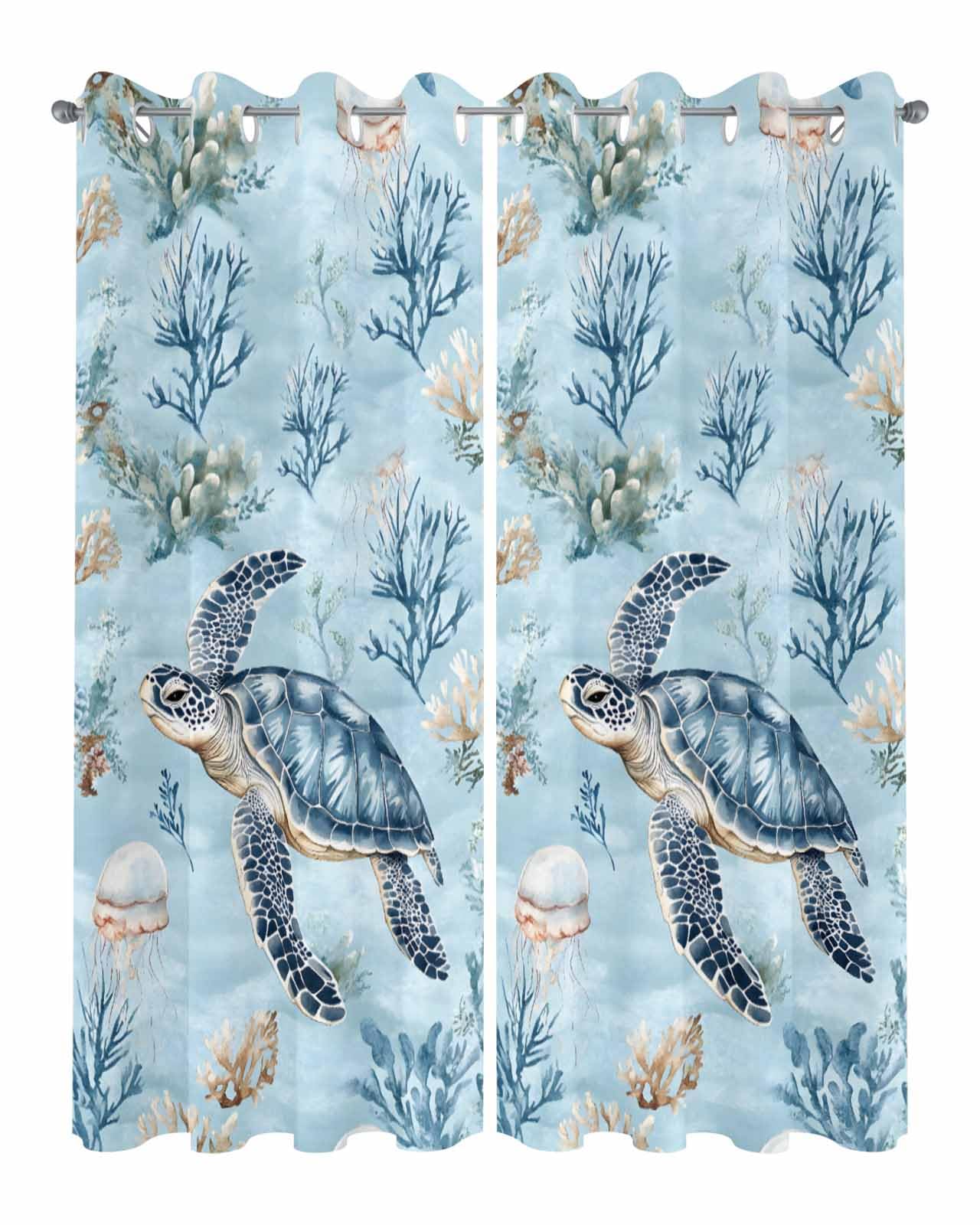 Ocean Sea Turtle Outdoor Curtains for Patio Waterproof,Coastal Blue Coral Brown Jellyfish Grommet Privacy Curtain Drapes Weatherproof Outside Curtains for Porch GazeboPergola Cabana 2 Panel 54x84inch