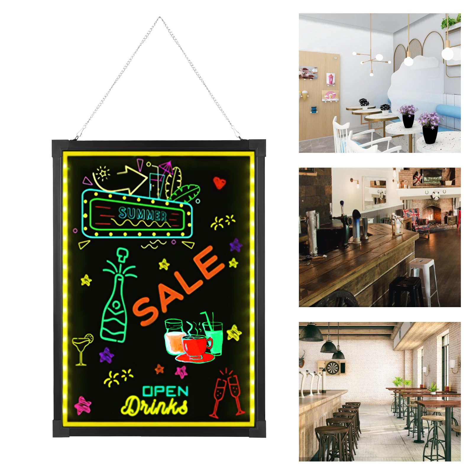 Cuadro de mensajes led 50 x 70 cm con 8 resaltadores 1 mando a distancia modo intermitente Diy pizarra de tiza led de pared para el hogar, la tienda, el bar y el restaurante (negro)