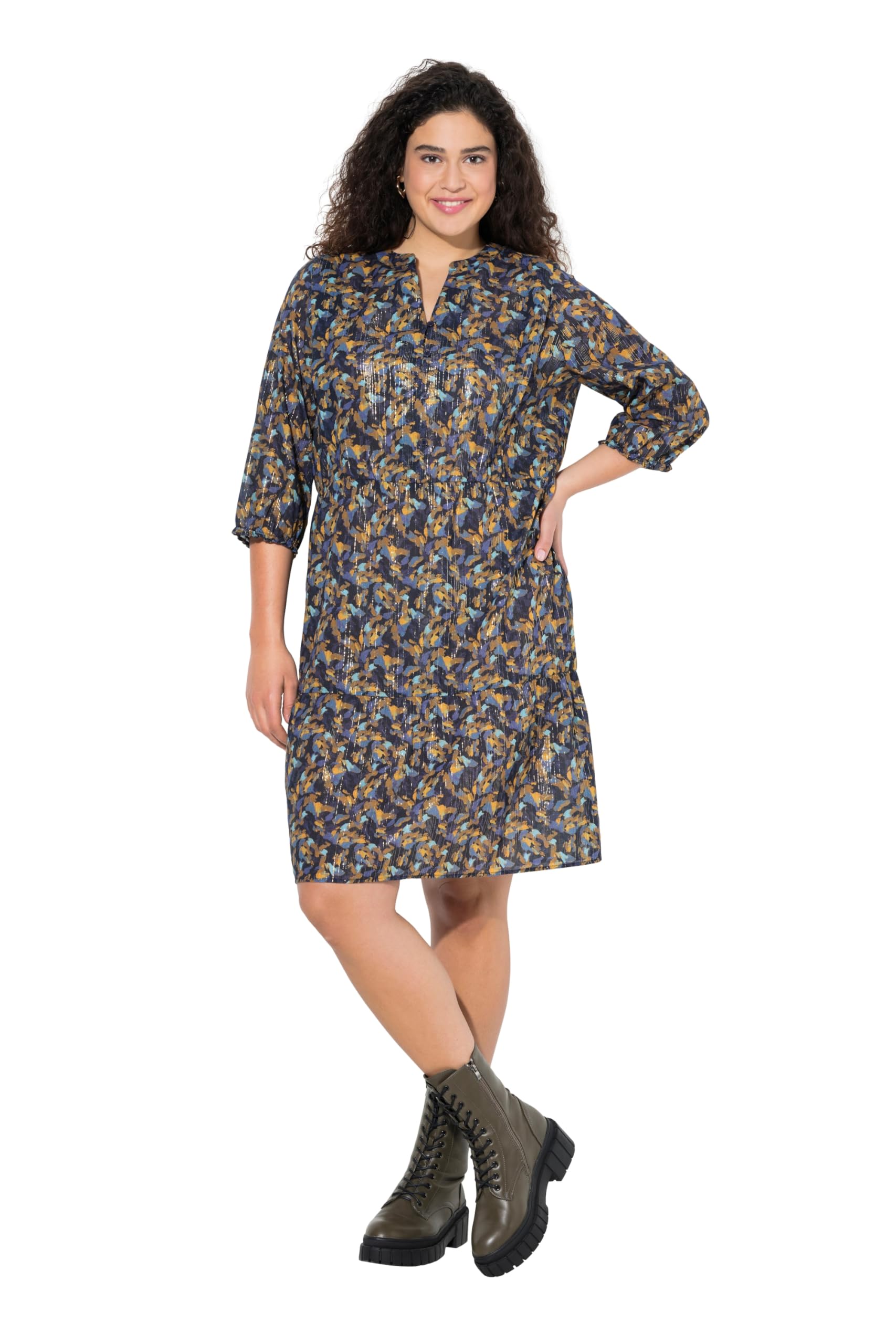 Ulla Popken Damen große Größen Übergrößen Plus Size Kleid, Metallic-Linien, A-Linie, V-Ausschnitt, 3/4-Arm 842936