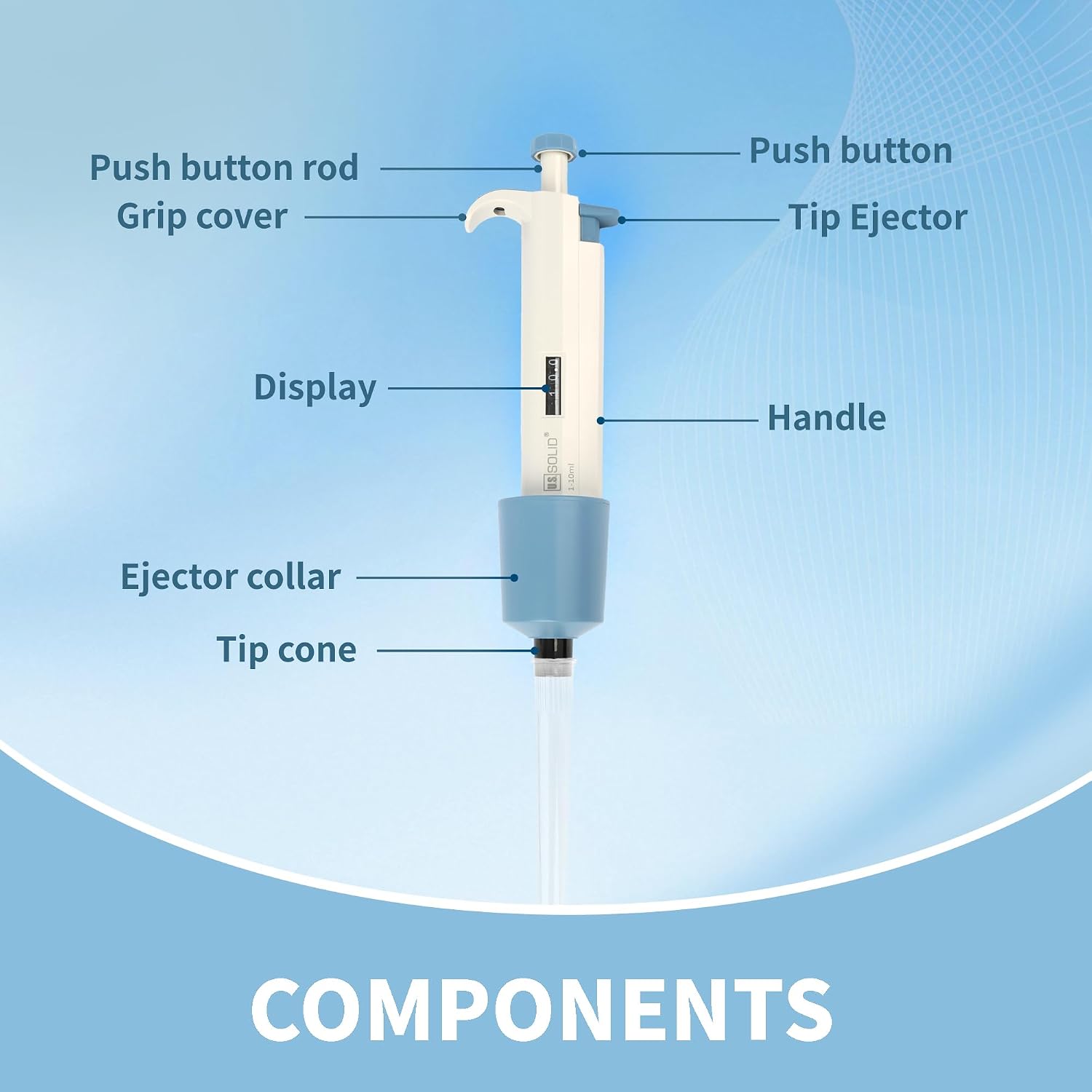 U.S. Solid 1-10 mL Single-Channel Adjustable Micropipette, 100 µL Increments, Autoclavable Tip Cone, with Holder and Calibration Certificate, High-Accuracy Lab Pipettor