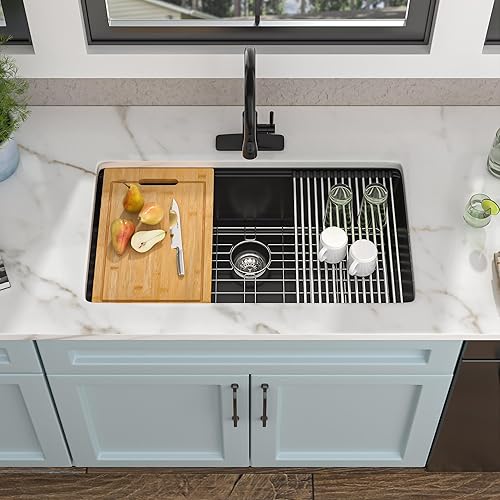 Miniatura 4 de Fulorni - Fregadero de cocina compuesto de granito 33 pulgadas - Fregadero de cocina de granito de 33 x 19 pulgadas, estación de trabajo de repisa
