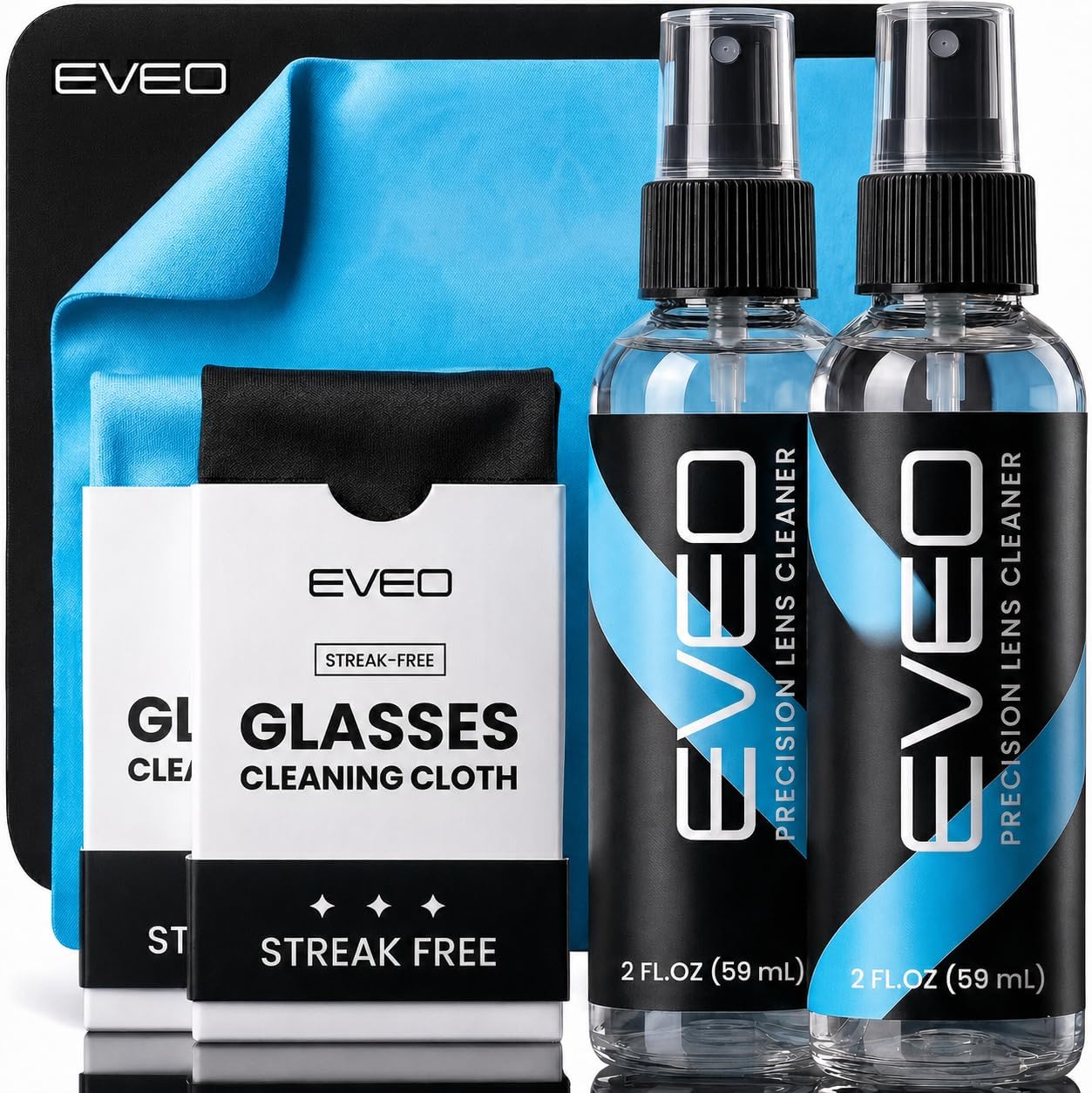 EVEO Glasses Cleaner Spray - Eyeglass Cleaner Lens Cleaner No Streaks Technology & Microfiber Cleaning Cloth - Glasses Cleaning Kit, Eye Glass Cleaners Spray - Screen & Eye Glasses Kit - 2 Pack