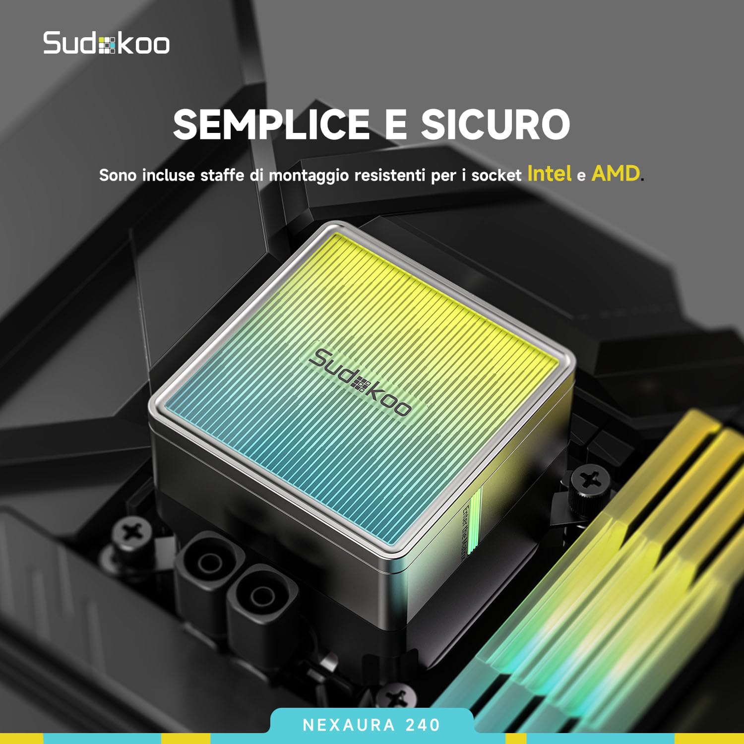 Sudokoo NEXAURA 240 Dissipatore Liquido 240mm per CPU, Raffreddamento Liquido AIO 240mm, 2 Ventole PWM FDB, ARGB PWM Pompa Silenziosa, 2500-3600RPM,TDP 280W, Intel LGA1851/1700/1200/115X e AMD AM5/AM4