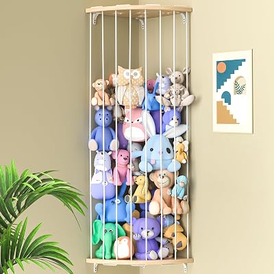 Jtksfcl Stuffed Animal Storage Wood Corner Plush Toys Holder with Star Pattern, Length Adjustable Hanging Stuffed Animal Toy Organizer Shelf for Nursery Play Room Bedroom Kid Room