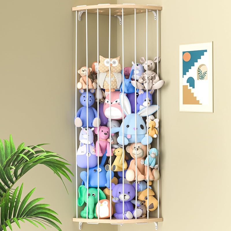 Jtksfcl Almacenamiento de animales de peluche, soporte de madera para juguetes de peluche con patrón de estrella, longitud ajustable, estante organizador de juguetes de peluche para guardería, sala de juegos, dormitorio, habitación de niños