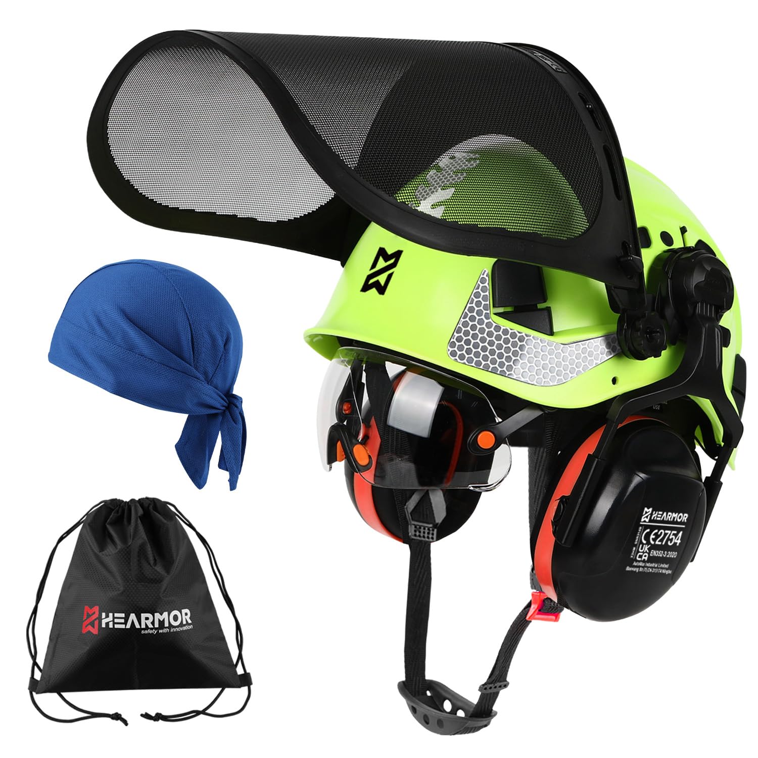 HEARMOR VOLTEK Casque de sécurité forestière en ABS avec visière de sécurité intégrée, protection complète de la tête, des yeux, du visage et de l'ouïe, design ventilé confortable et résistant aux
