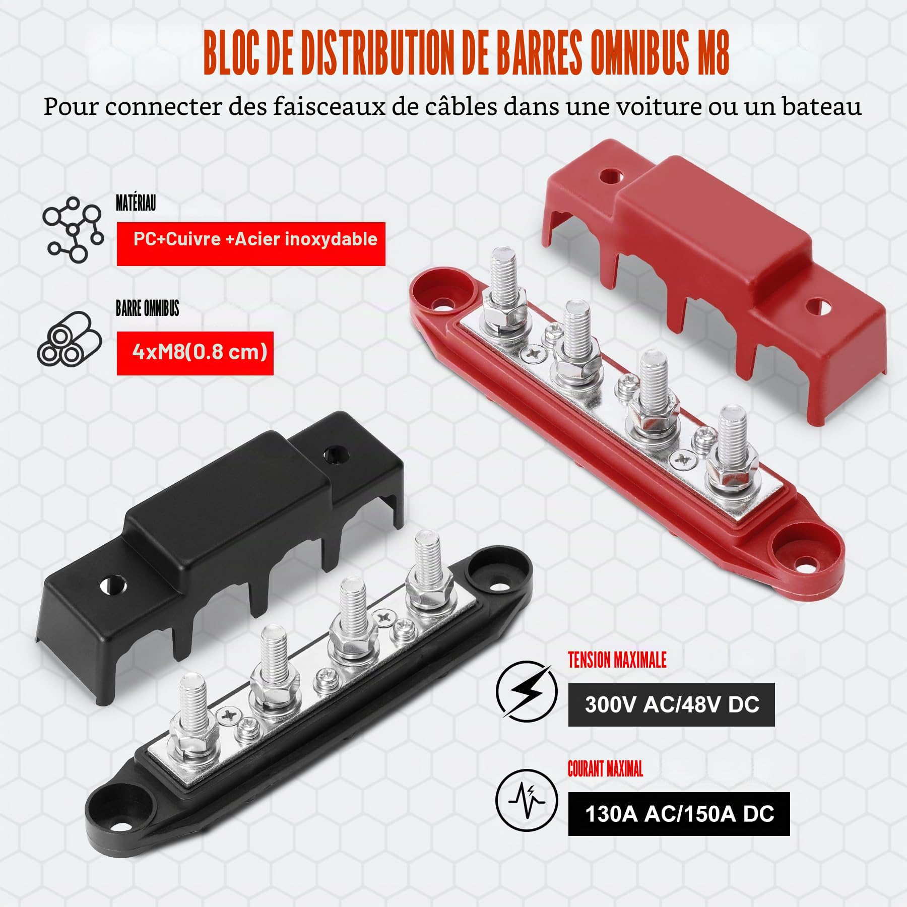 2 PCS 12V-48V DC Rail de Collecte Distributeur de Bloc 250A Busbar avec 5/16" (M8) 4-Posts Bornier avec Couvercle, Bornier Electrique avec 2x Borniers M8 pour Voiture RV Bateau (Rouge Noir)