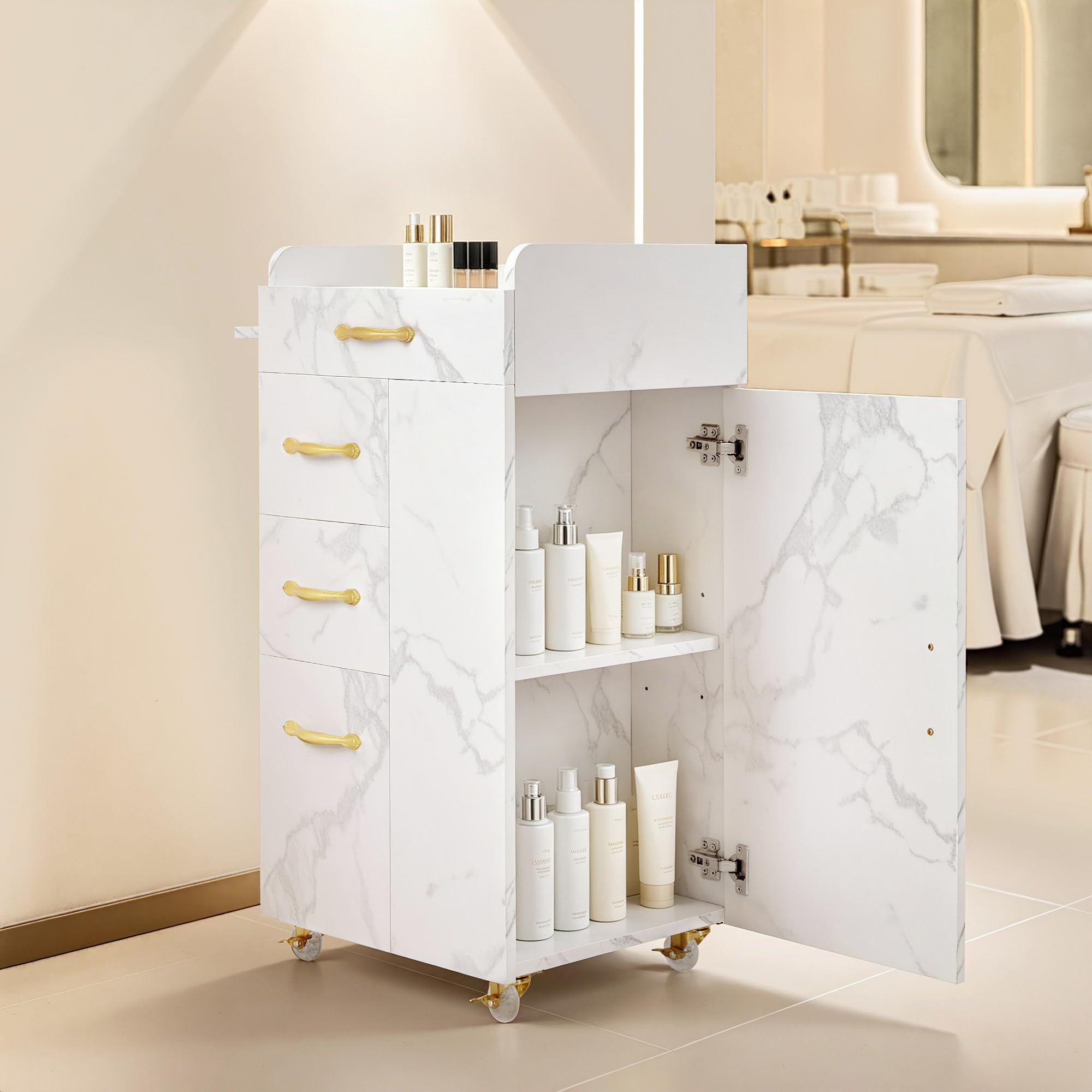 BarberPub Friseurwagen mit 3 Schubladen & 2 Schränken, Beauty Salon Trolley mit 3 Föhnhaltern, 39x58x90cm, Weiß-Gold