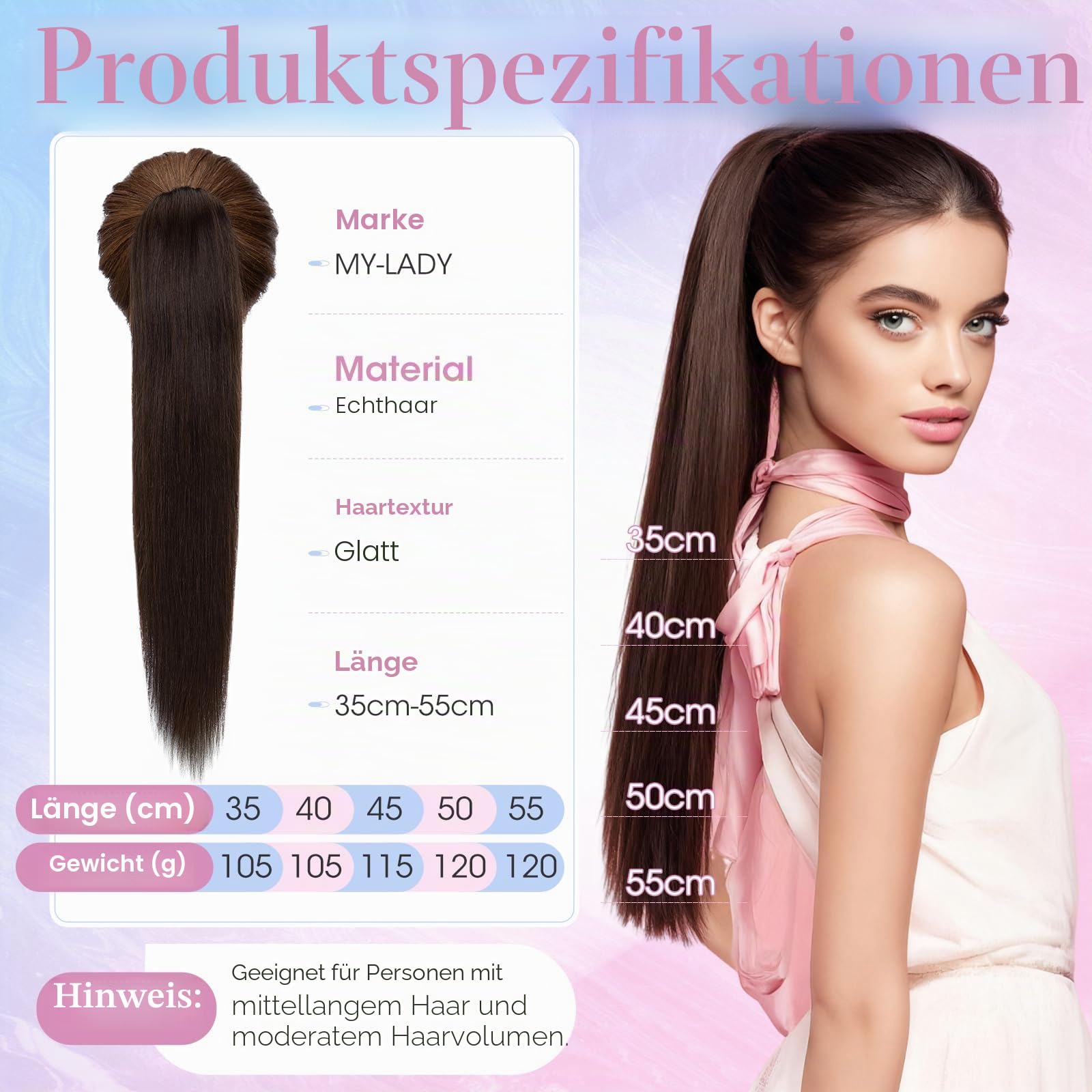 MY-LADY Ponytail Extension Zopf Echthaar, 40cm Dunkel Braun Lang Pferdeschwanz mit Klammer Clip In Zopf Haarverlängerung für Damen Glatt 105g #02