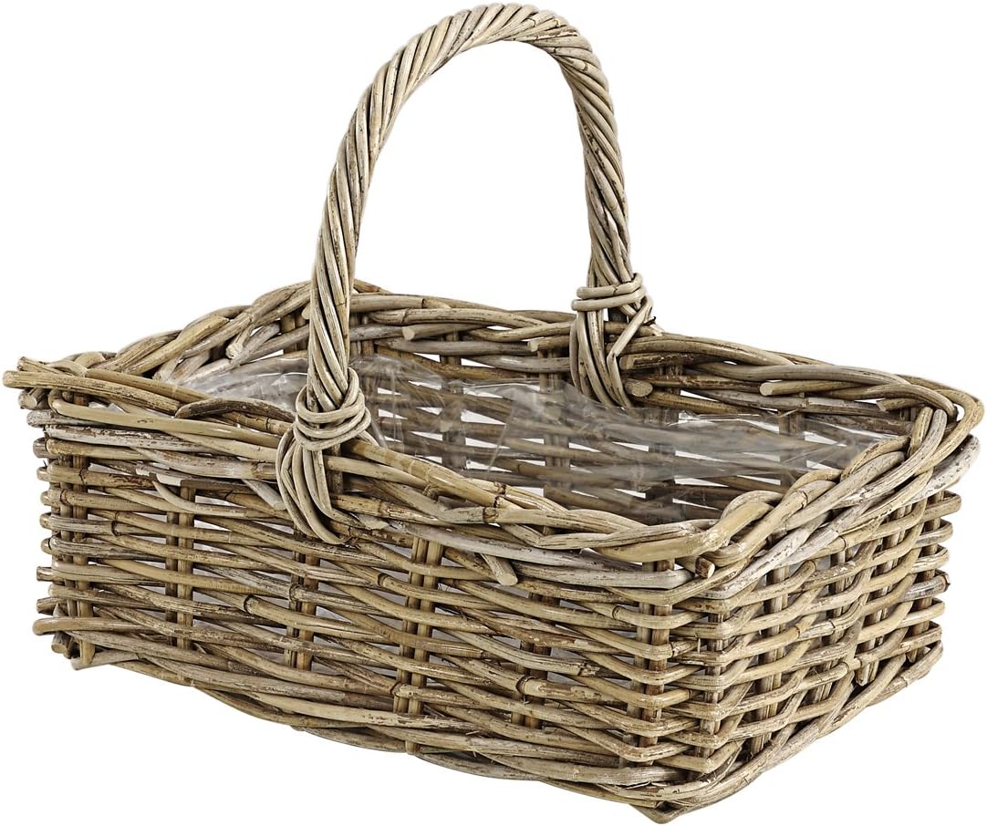 Dehner Rattan Plant Basket with Handle, Approx. 36 x 28 x 14 cm, Rattan Wicker, Grey/Brown