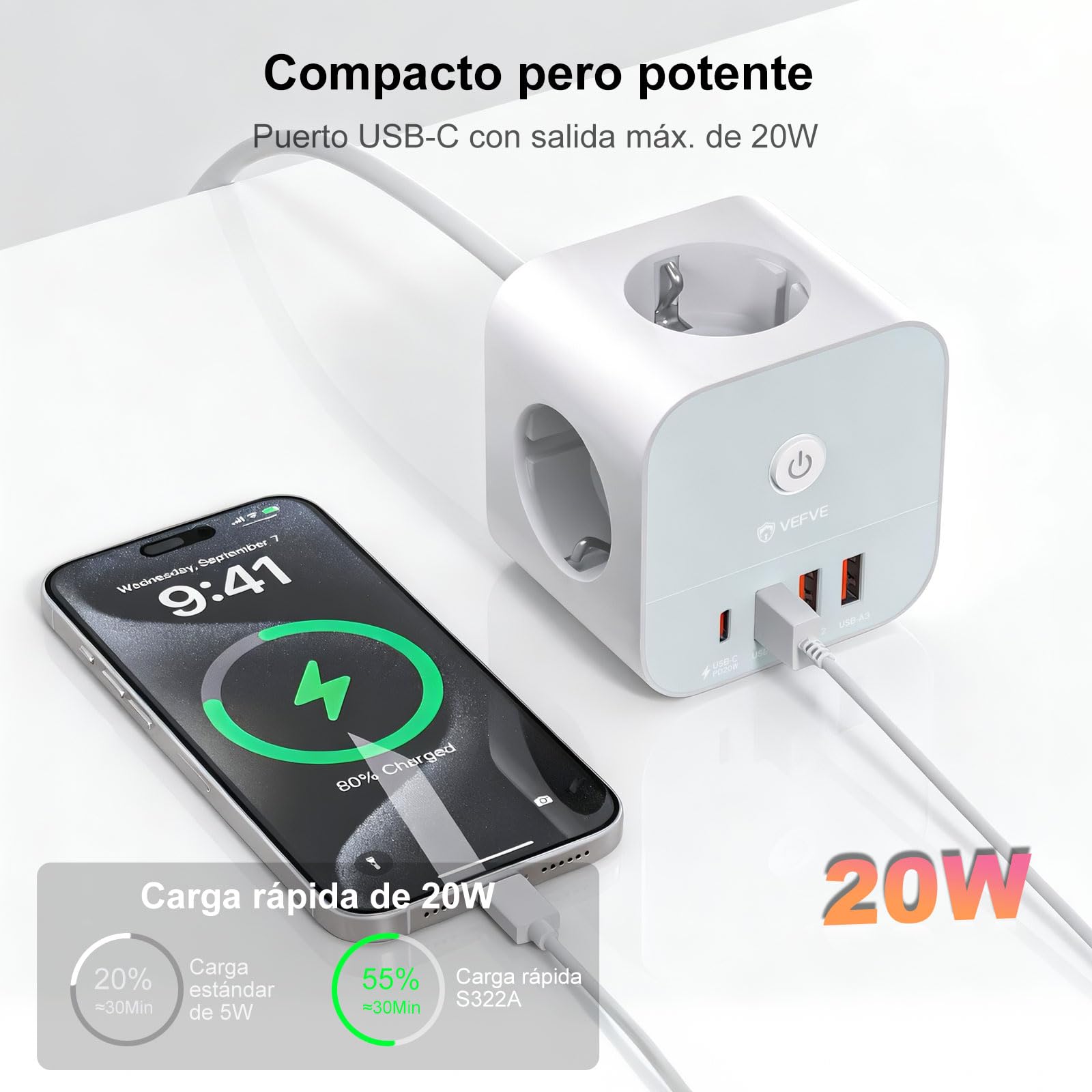 VEFVE Ciabatta con cavo, 7 in 1 cubo, presa multipla con USB C 20 W, 3 prese, 1 USB-C e 3 USB-A, 3680 W con interruttore, cavo di prolunga da 5 m