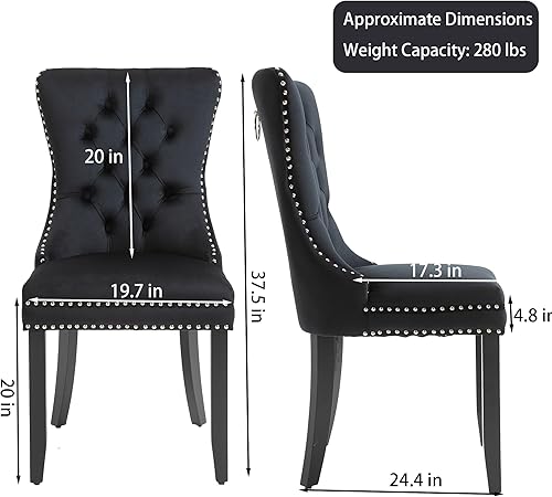 Miniatura 3 de Rhomtree Juego de 4 sillas de comedor de tela de terciopelo, respaldo copetudo de lujo con ribete clavado y anillo trasero, sillas de comedor para
