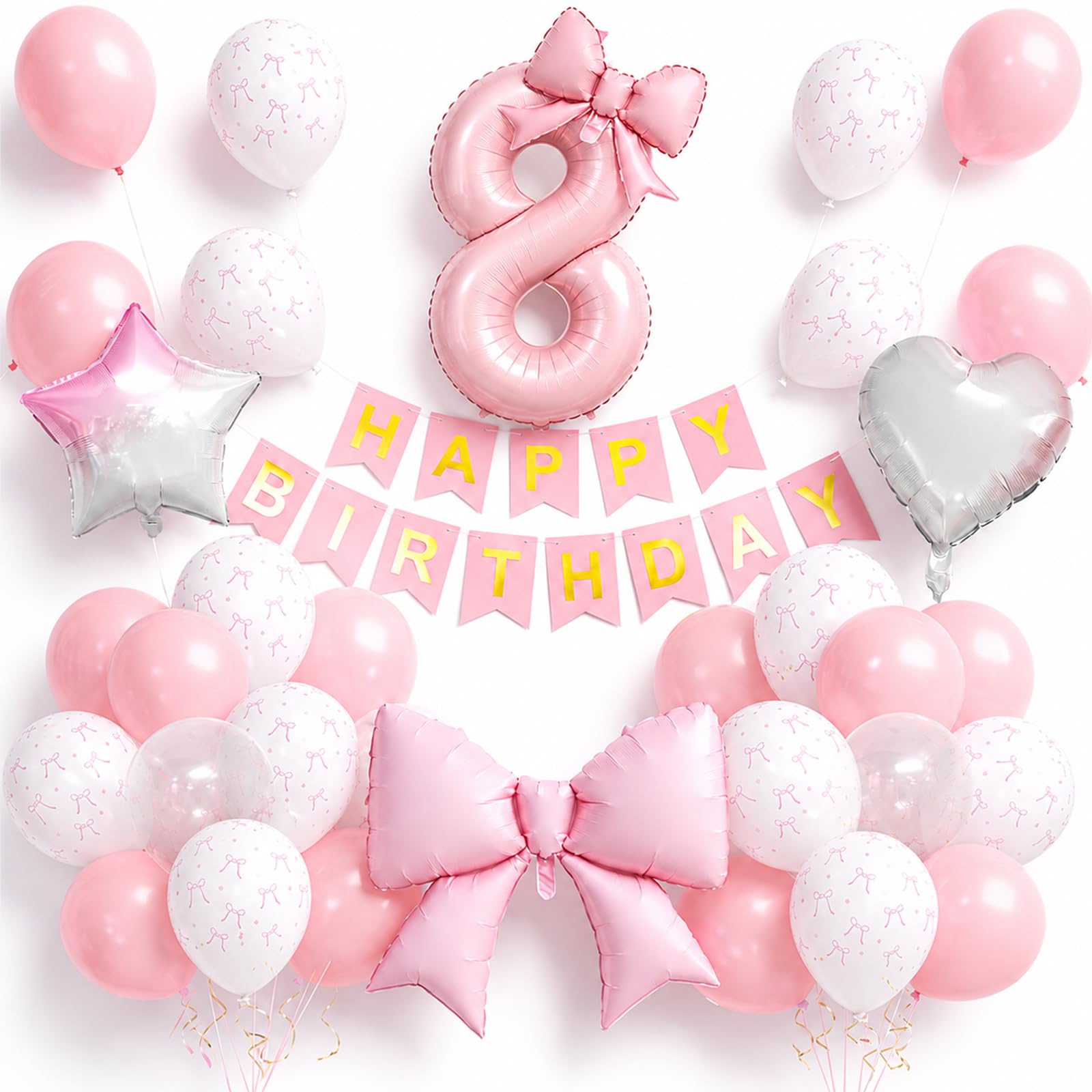 Pink Bow 8th Birthday Decorations for Girls - Balloon Set with Large Foil Number 8, Giant Bows, Pink White Star Heart Foils, Cute Bow Pattern Latex Balloons, Happy Birthday Banner Party Supplies