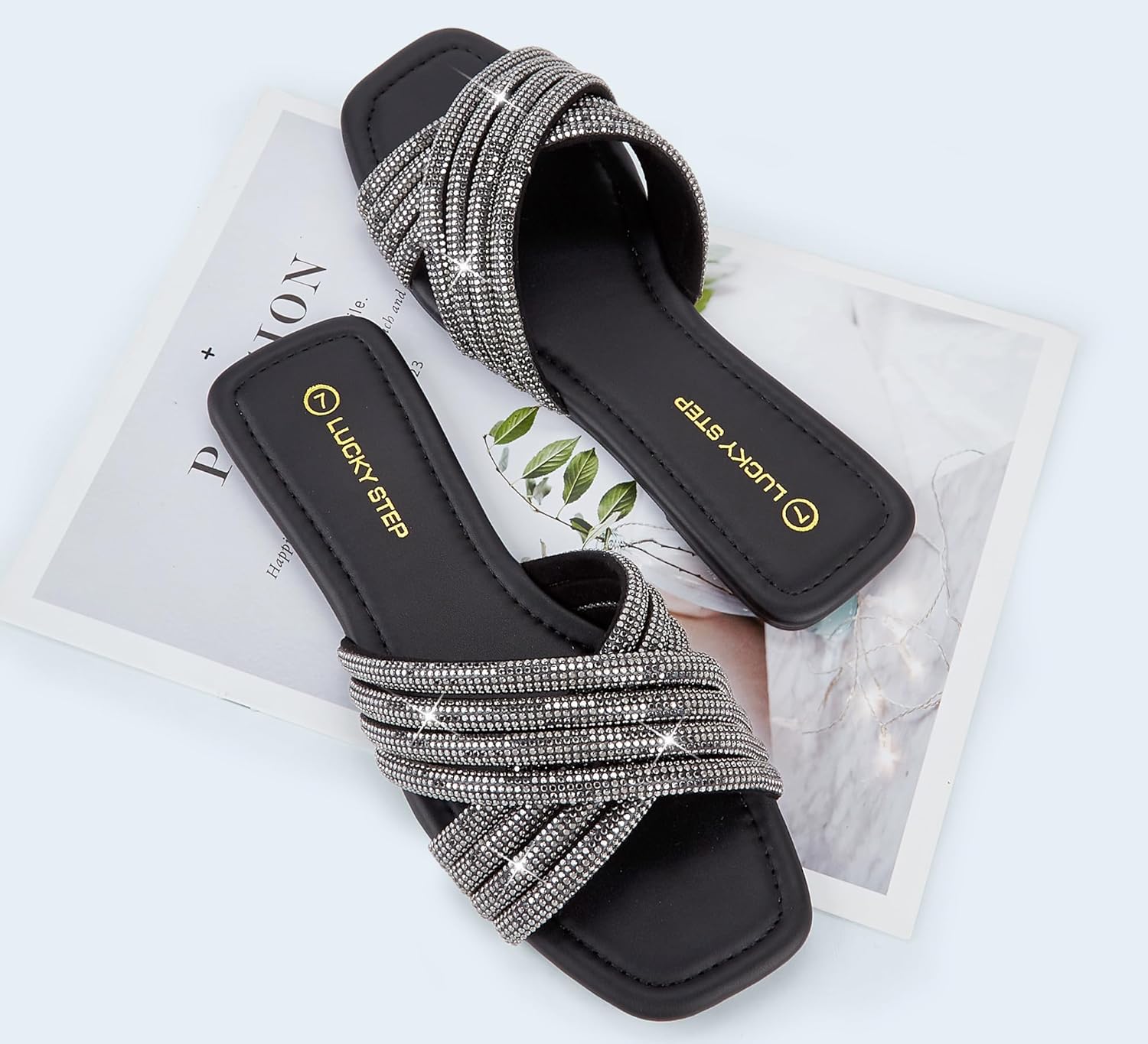 LUCKY STEP Women's Rhinestone Flat Sandals Open Toe Summer Glitter Bling Sparkle Dressy Slip on Outdoor Crossed Strap Slide - Image 2