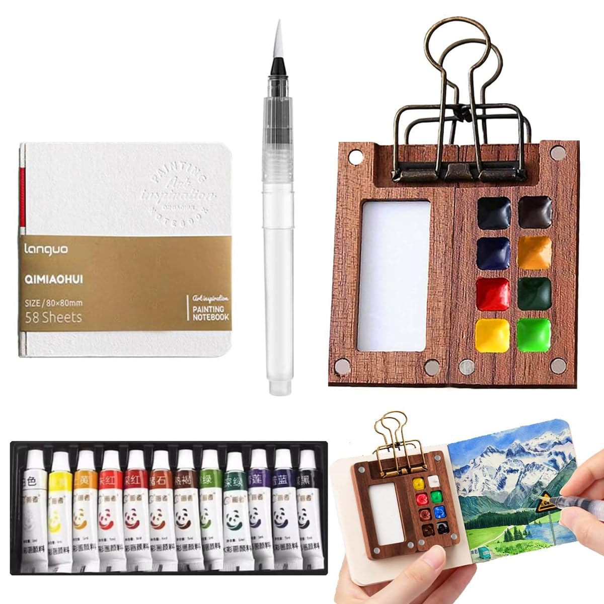 HASTHIP® Pocket Watercolor & Acrylic Paint Set, 12-Color 5ML Tubes, Mini 8-Grid Palette, Brush Pen, Portable Travel Sketching Kit with Drawing Book