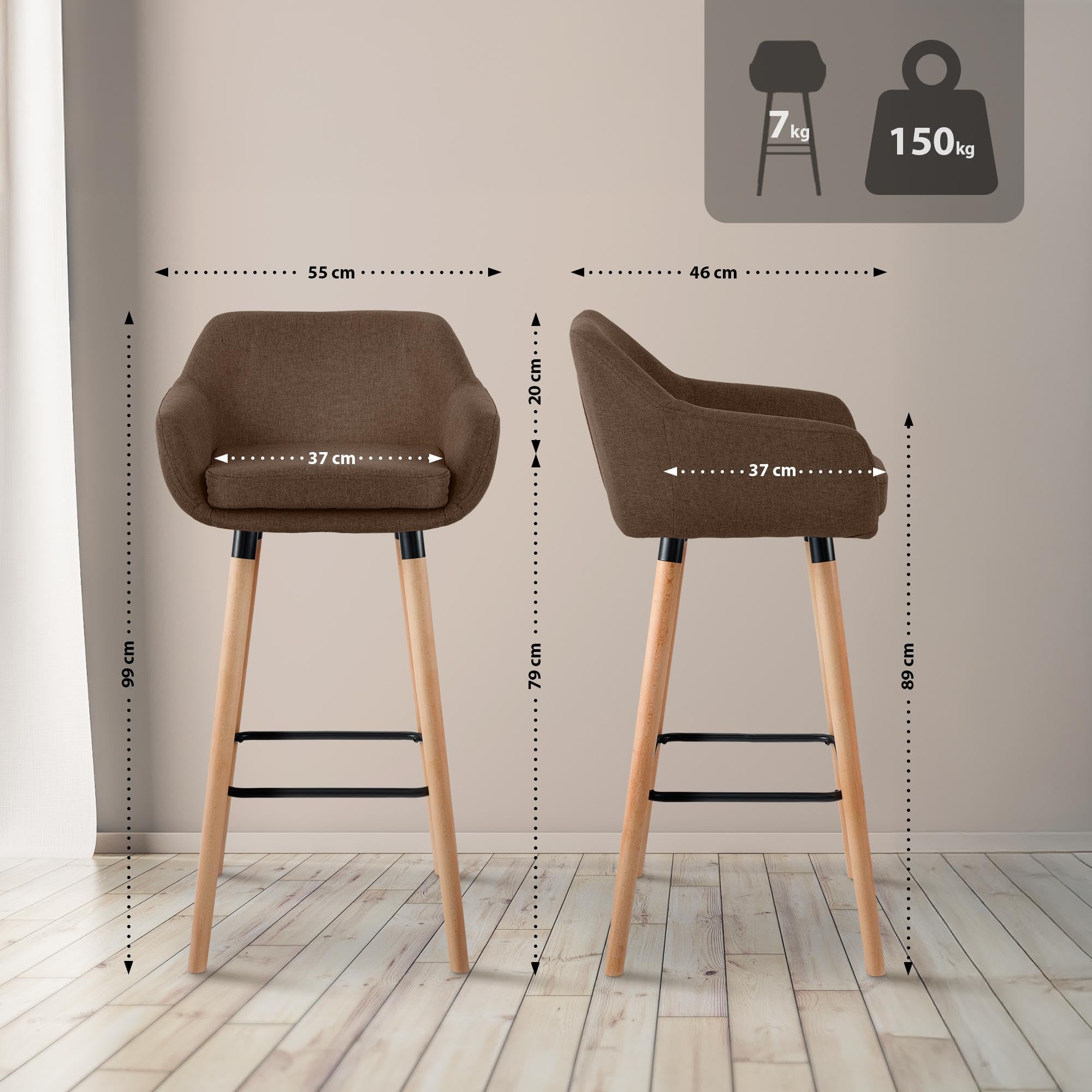 CLP Taburete de Barra Acolchado con Respaldo Grant, Silla de Bar con Revestimiento de Tela, Estructura de Madera hasta 150 kg Color marrón