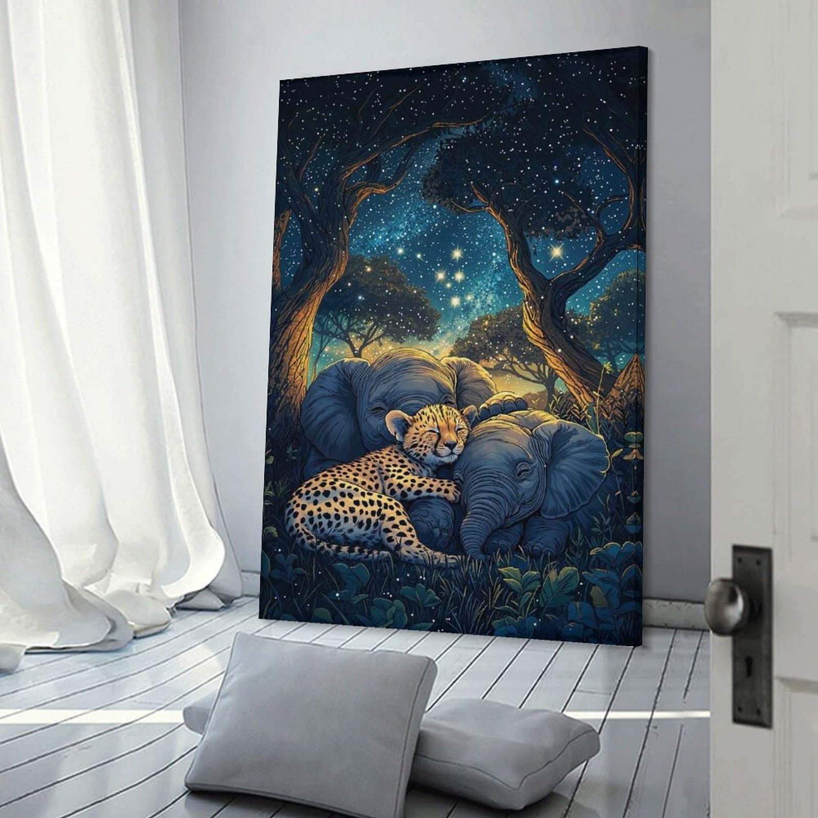 Junmoney Cheetah And Elephants Under Stars Wall Art Print, 24x36inch(60x90cm), for Office, Study Or Home Workspace, Decorative Artwork for Productive Spaces
