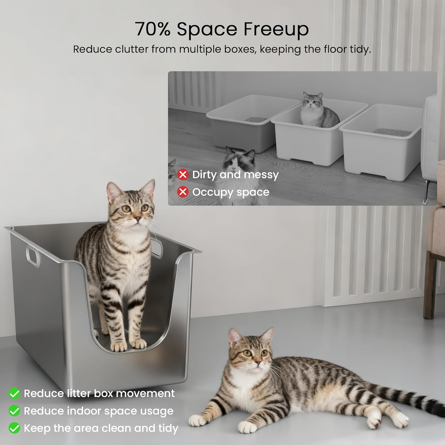 Stainless Steel Litter Box 13.7'' High Sides, XL Metal Cat Litter Box with Curved Low Entry, Cat Litter Pan for Big & Multiple Cats, Pet Toliet with Handy Wheels for Easy Moving