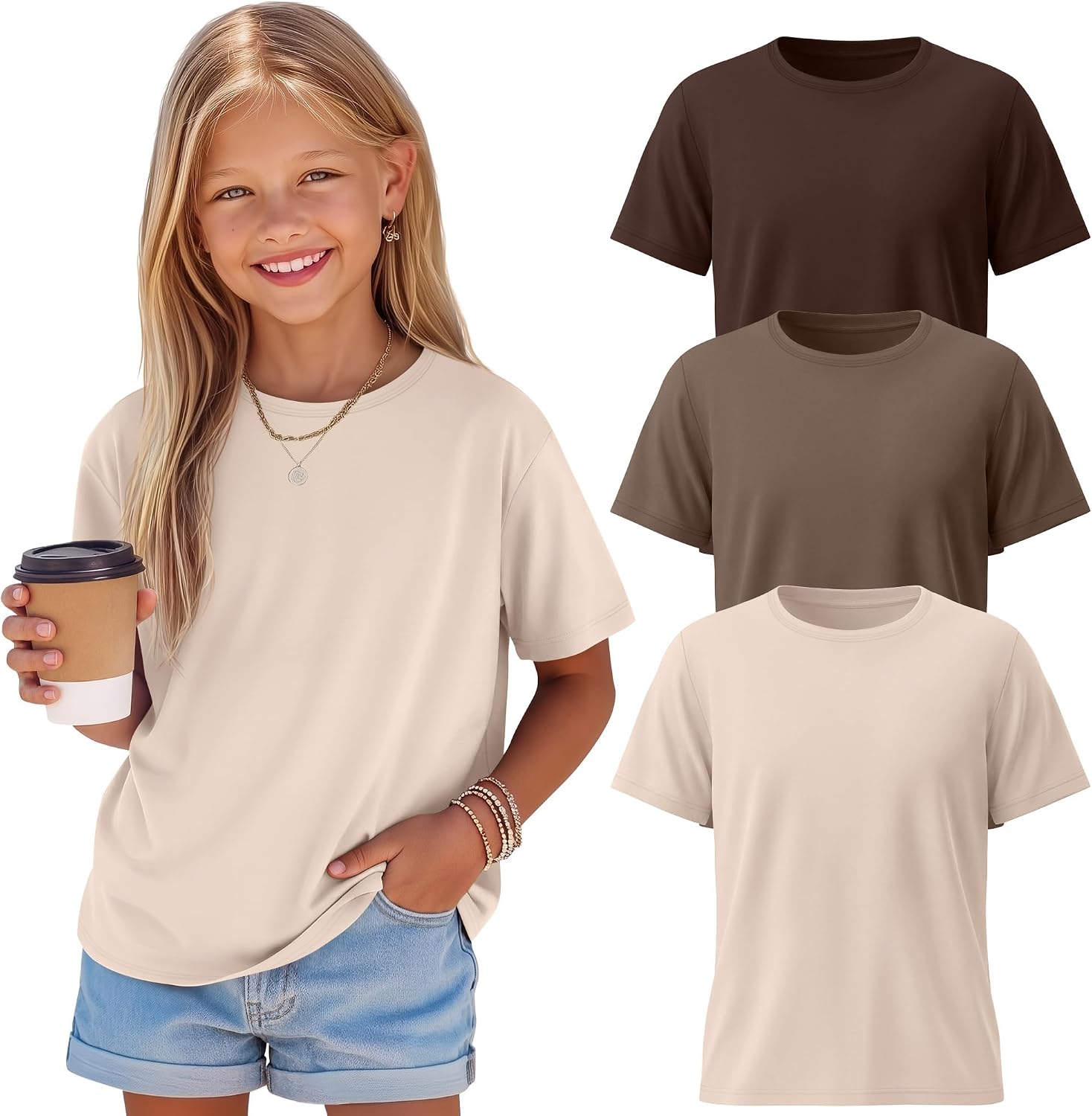 3 Pack Girls' Shirts Plain Summer Short Sleeve Shirts Crew Neck Tees Soccer Casual Kids Teen Top for Kids Ages 5-14