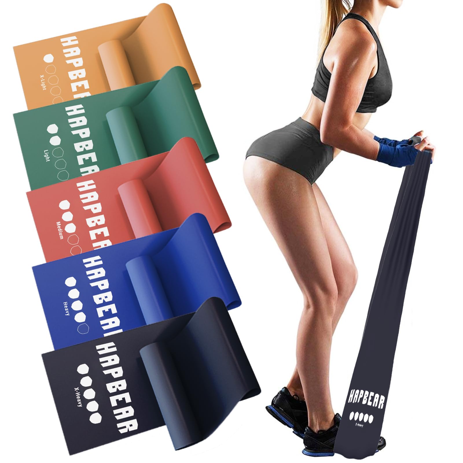 HAPBEAR Resistance Bands for Working Out, Exercise Bands for Physical Therapy, Stretch Elastic Band with 5 Strengths, Workout Bands for Home Gym, Skin-Friendly, Strength Training, Pilates, Yoga