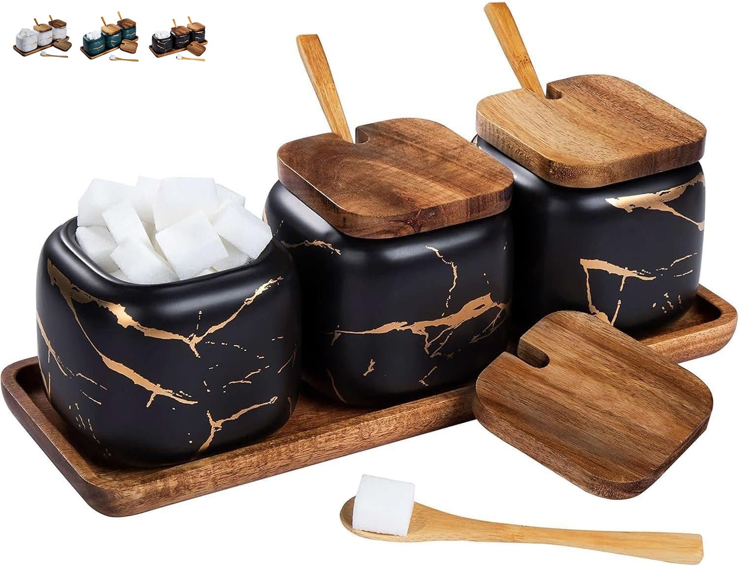 TELANKS Set Zuccheriera in Ceramica, 3 pz Condimento Box con Coperchio e Cucchiaio e Vassoio, Spezia Jar Cucina Scatola Barattolo di Spezie, Utensili da Cucina Forniture per Spezie, Nero