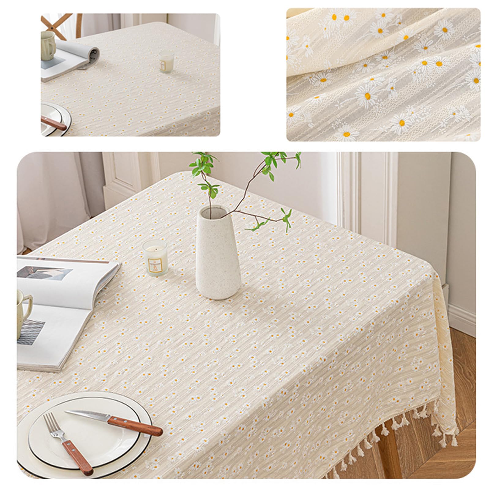 Abwaschbar Tischdecke mit Quaste 140x260cm, Eckig Baumwolle Leinen Tischtuch Tischwäsche Pflegeleicht Garten Zimmer Tischdekoration, für Esszimmer, Garten, Hochzeiten Oder Haushalt