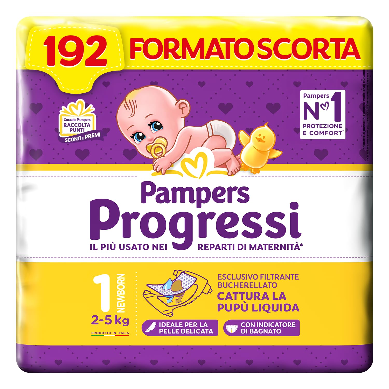 Pampers Progressi Newborn, Taglia 1 (2-5 kg), 192 Pannolini Neonato | Formato Scorta, Indicatore di Bagnato, Pelli Delicate, Linguette Rinforzate, Anti-Fuoriuscite, 500 Punti Omaggio