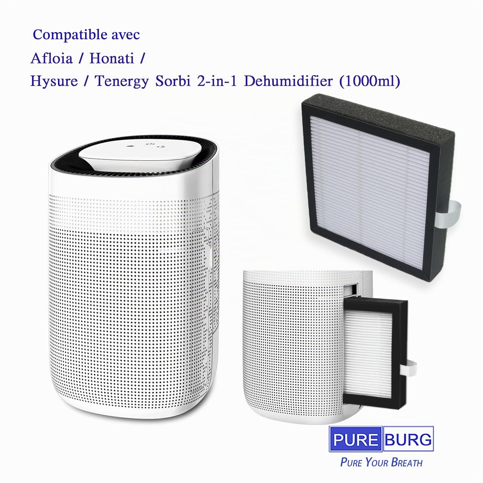 PUREBURG Lot de 3 filtres HEPA de rechange compatibles avec Afloia AQ8 Q8 et Honati Hysure Q7, déshumidificateur 2 en 1 Tenergy Sorbi (1000 ml)
