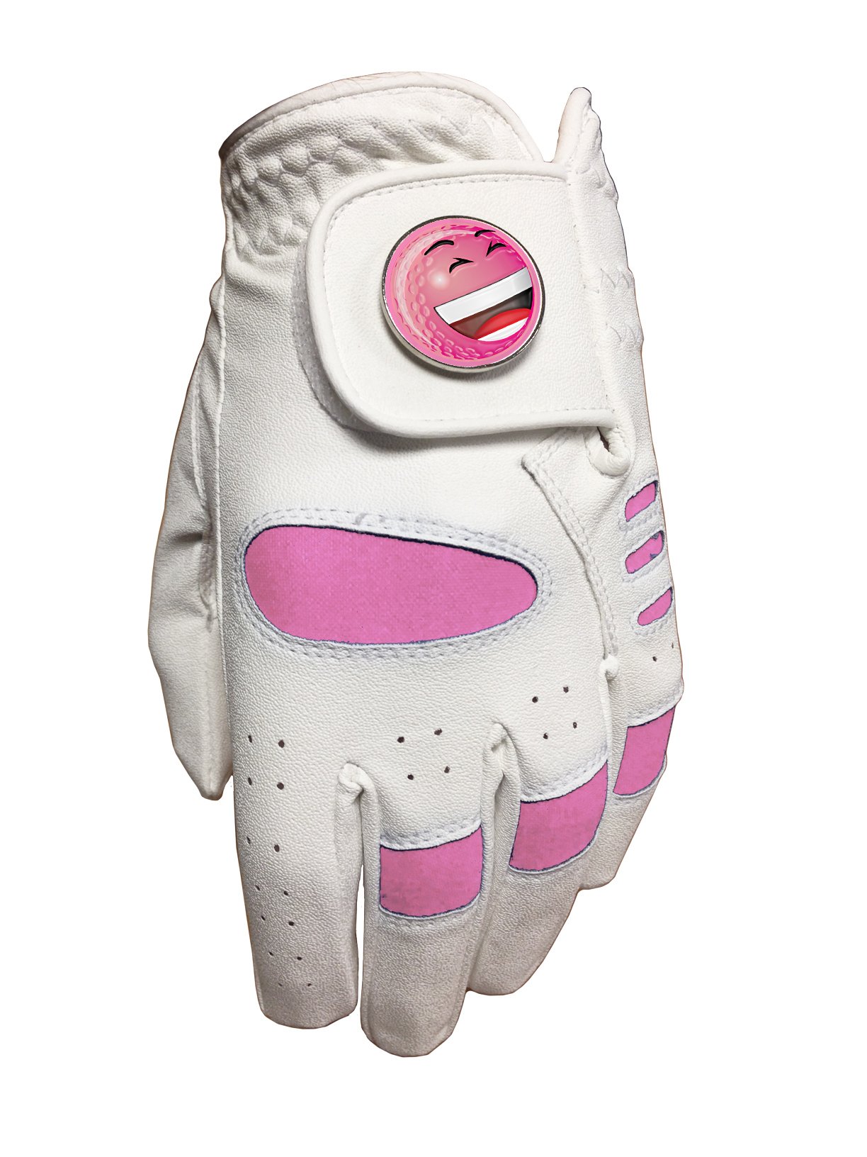 JUNIOR GIRLS PINK GOLF GLOVE. SIZE SMALL. PINK LAUGH GOLF BALL MARKER.